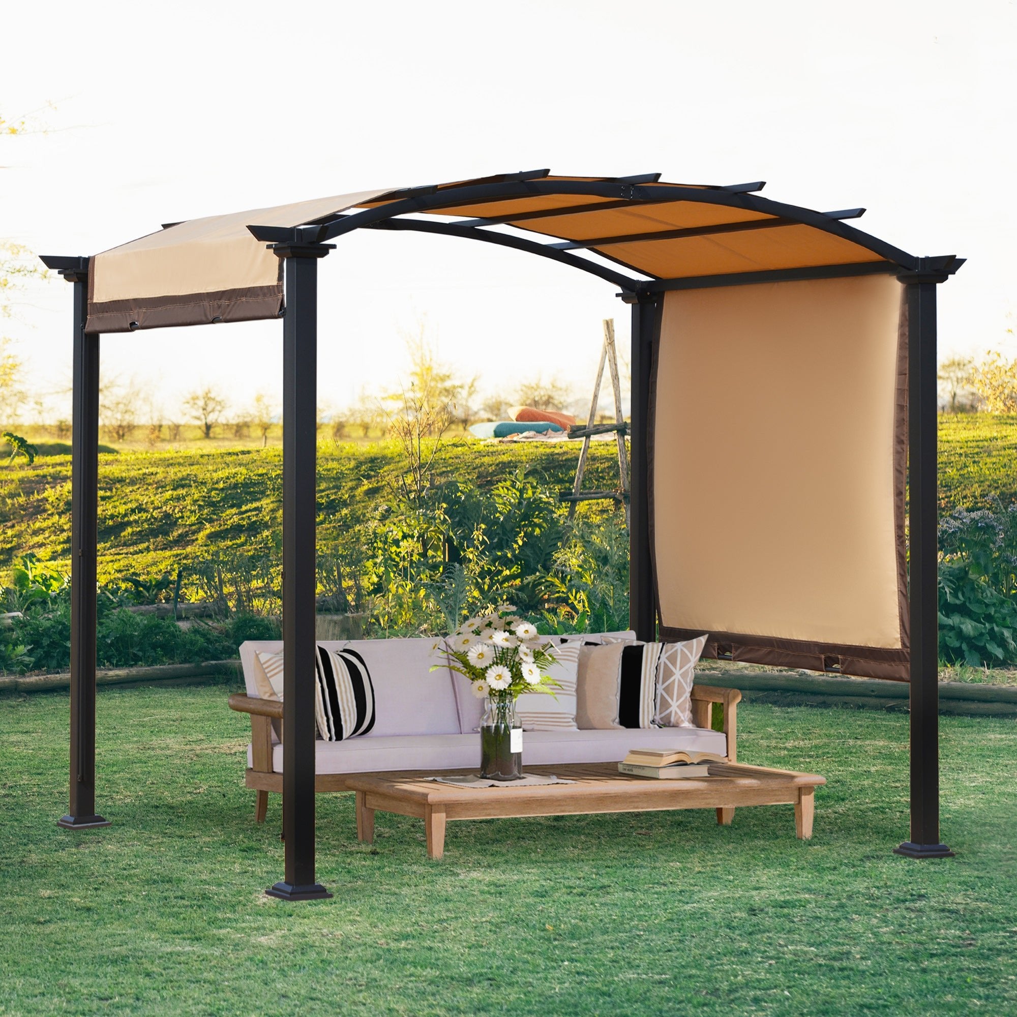 10' x 8' Outdoor Retractable Canopy Pergola Steel Frame Patio Pergola Shelter Sun Shade with Arc Roof, Beige Pergolas   at Gallery Canada