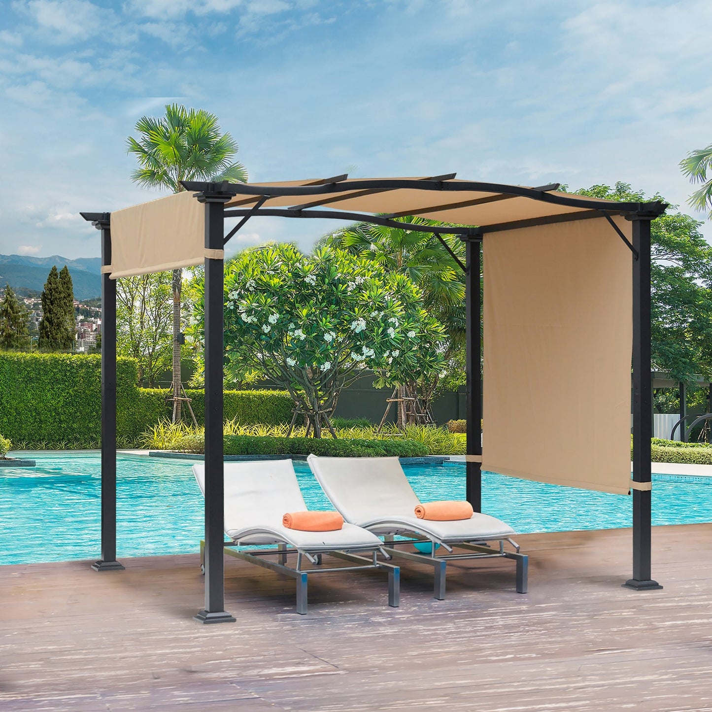 10' x 8' Outdoor Retractable Pergola Garden Gazebo with Two Adjustable Side Canopy Overhead Sun Shade Backyard Canopy Cover Khaki Pergolas   at Gallery Canada