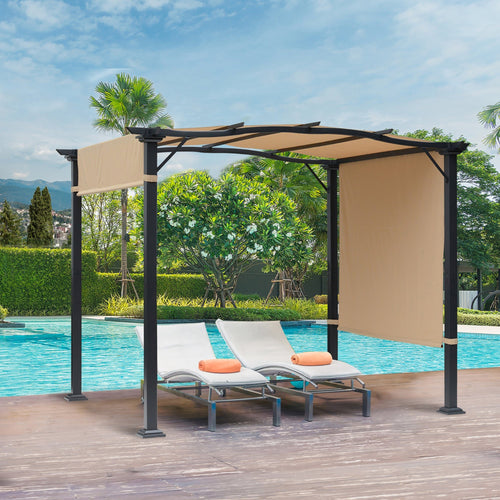 10' x 8' Outdoor Retractable Pergola Garden Gazebo with Two Adjustable Side Canopy Overhead Sun Shade Backyard Canopy Cover Khaki