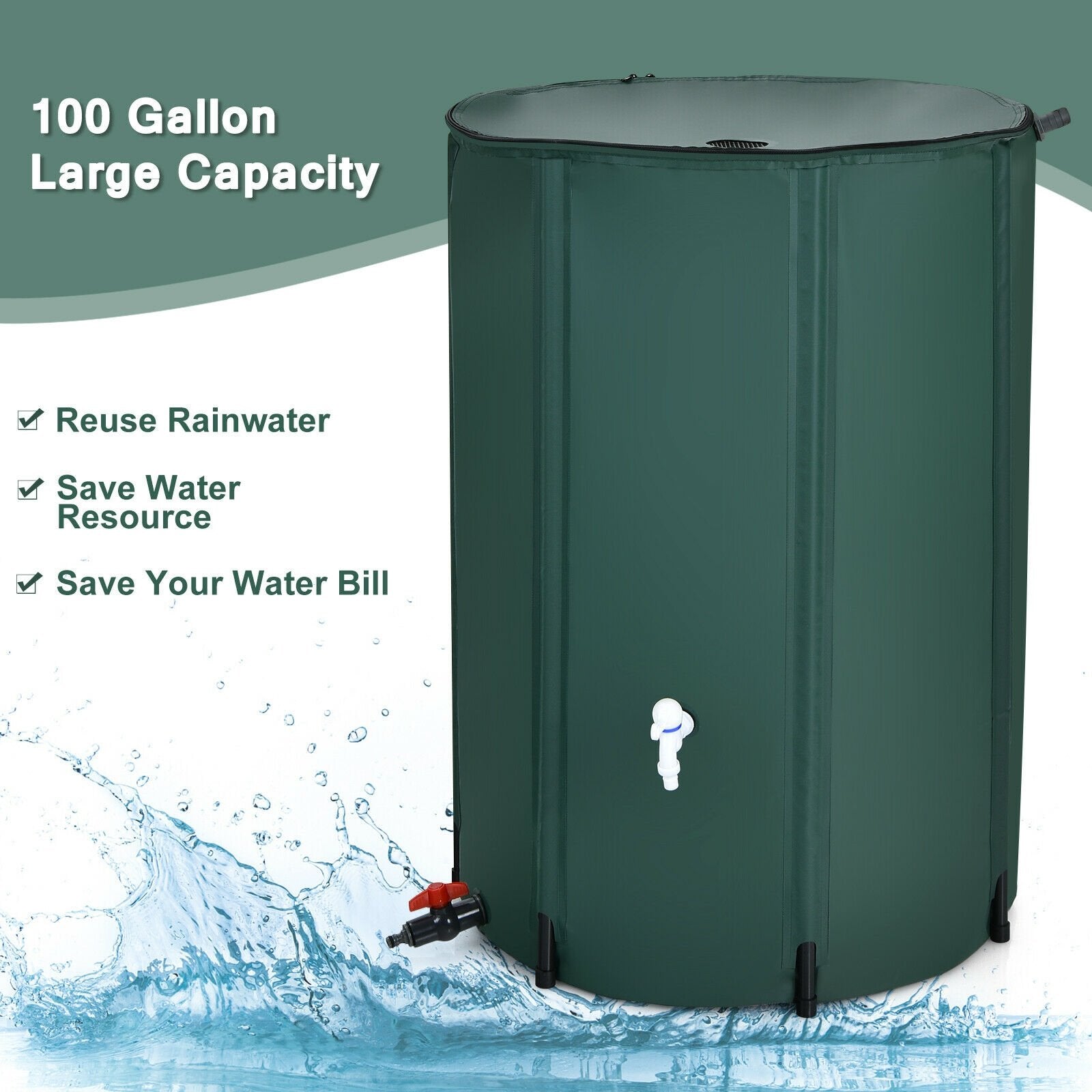 100 Gallon Portable Rain Barrel Water Collector Tank with Spigot Filter, Green Watering & Irrigation   at Gallery Canada