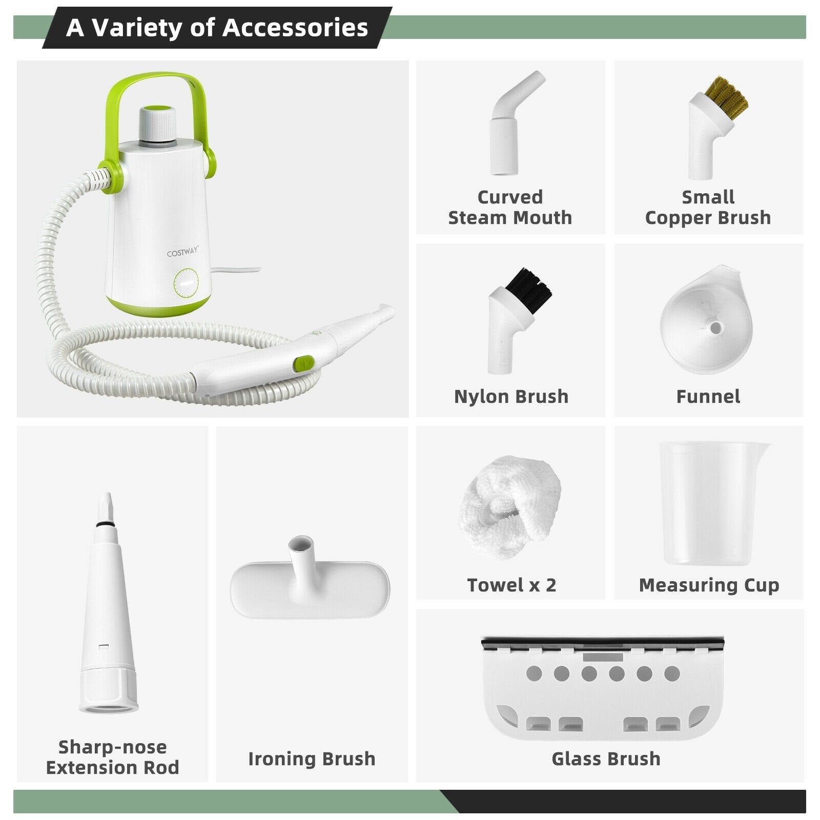 1000W Multifunction Portable Hand-held Steam Cleaner with 10 Accessories, Green Vacuums & Cleaners   at Gallery Canada