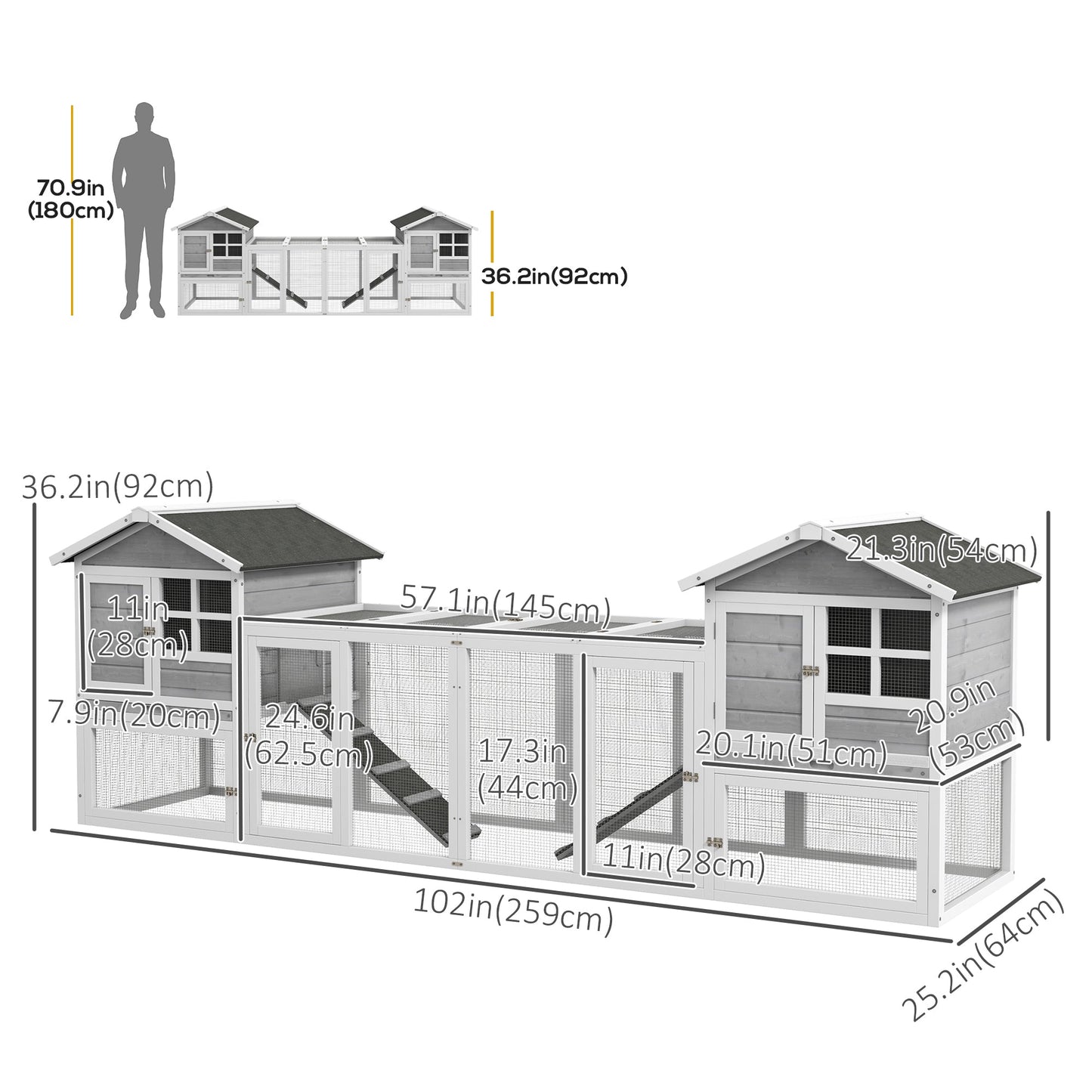 102" 2-in-1 Wooden Rabbit Hutch with Run, Tray, Ramp for Small Animals, Grey Rabbit Hutch   at Gallery Canada