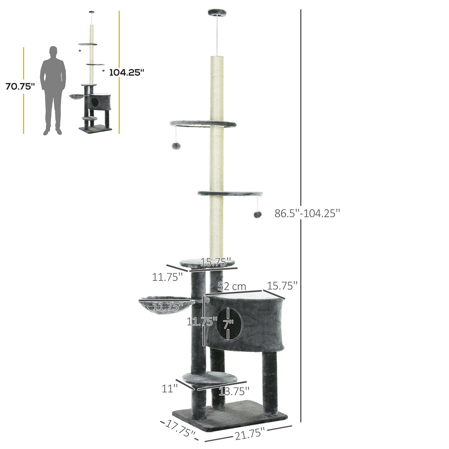 104.25" Cat Tree Stand House Hammock Pet Furniture Kitten Activity Tower Kitty Play House 5-Tier - Dark Grey Floor to Ceiling Cat Trees   at Gallery Canada