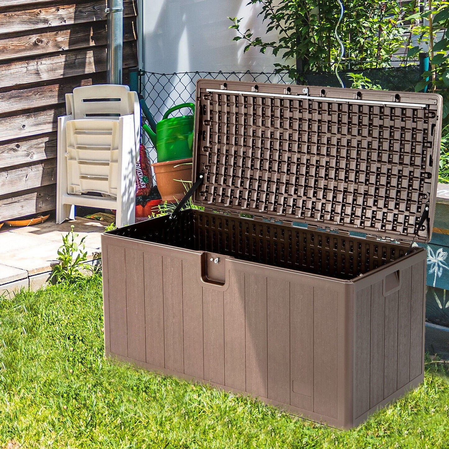 105 Gallon All Weather Large Deck Box Lockable Storage Container, Brown Sheds & Outdoor Storage   at Gallery Canada