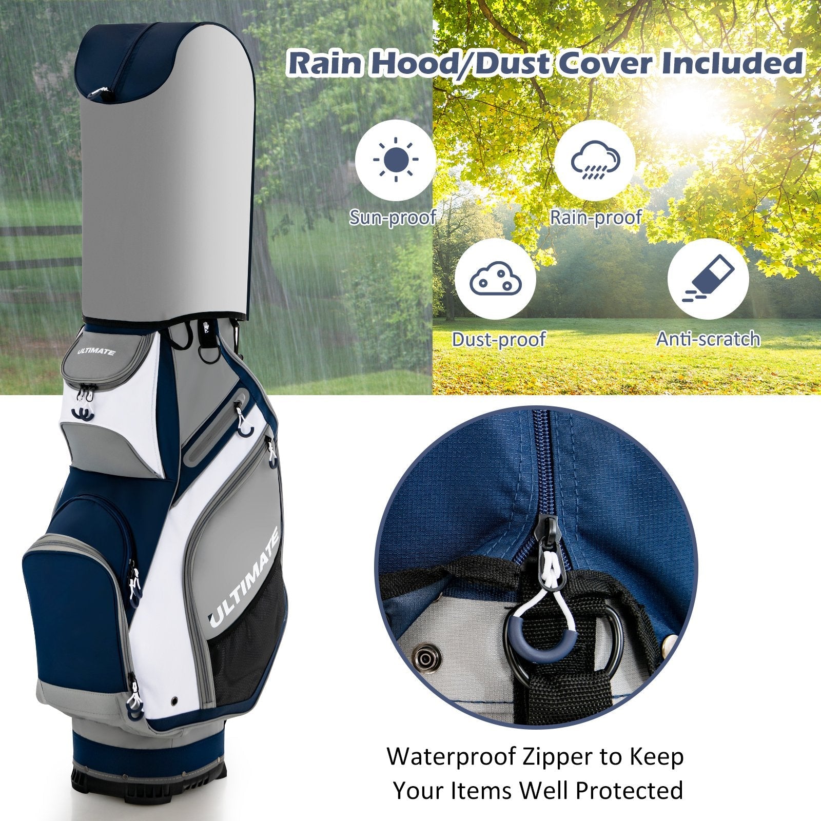10.5 Inch Golf Stand Bag with 14 Way Dividers and 7 Zippered Pockets, Navy Golf   at Gallery Canada