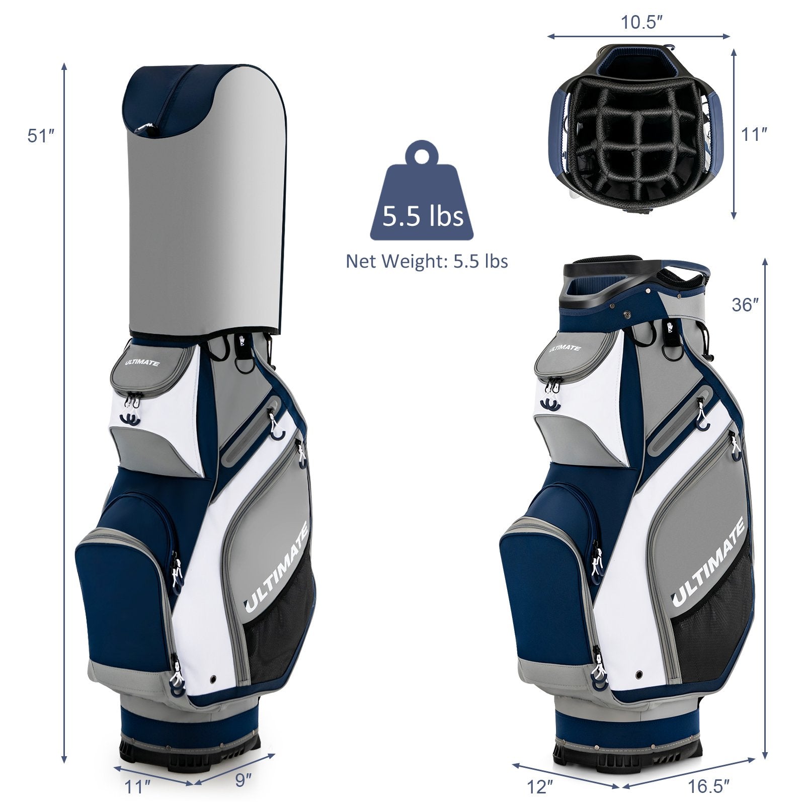 10.5 Inch Golf Stand Bag with 14 Way Dividers and 7 Zippered Pockets, Navy Golf   at Gallery Canada