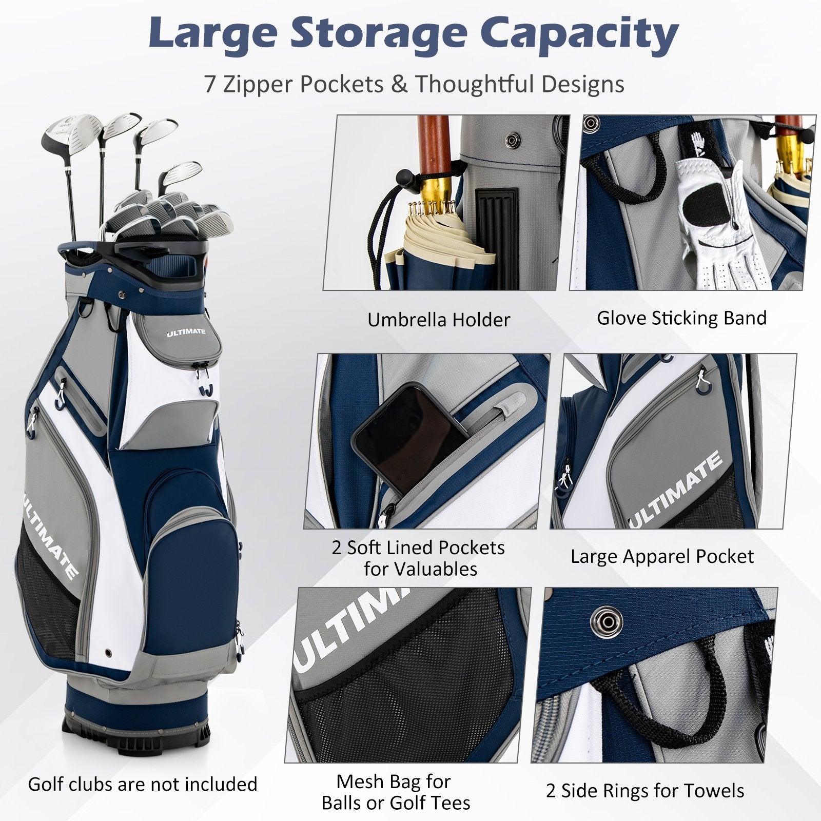 10.5 Inch Golf Stand Bag with 14 Way Dividers and 7 Zippered Pockets, Navy Golf   at Gallery Canada