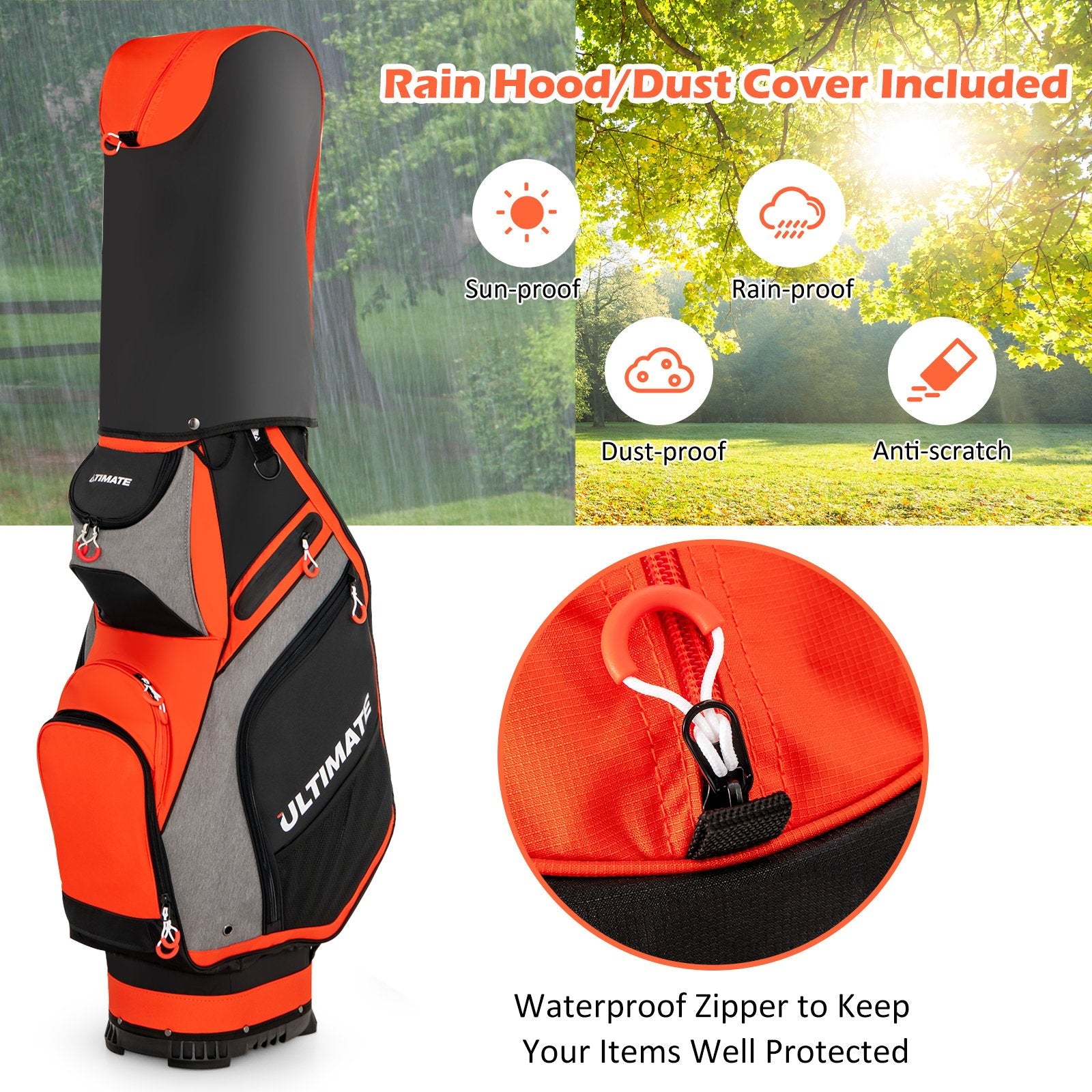 10.5 Inch Golf Stand Bag with 14 Way Dividers and 7 Zippered Pockets, Orange Golf   at Gallery Canada