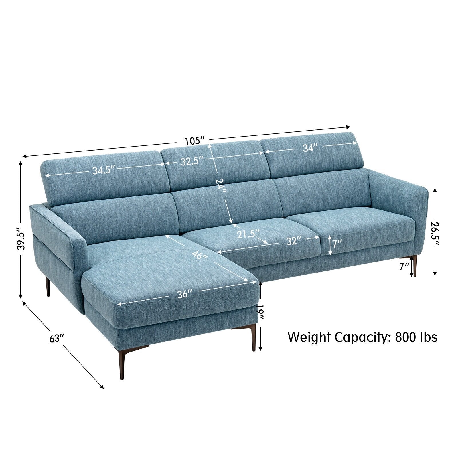 105 Inch L-Shaped Sofa Couch with 3 Adjustable Headrests, Blue Sofas & Loveseats   at Gallery Canada