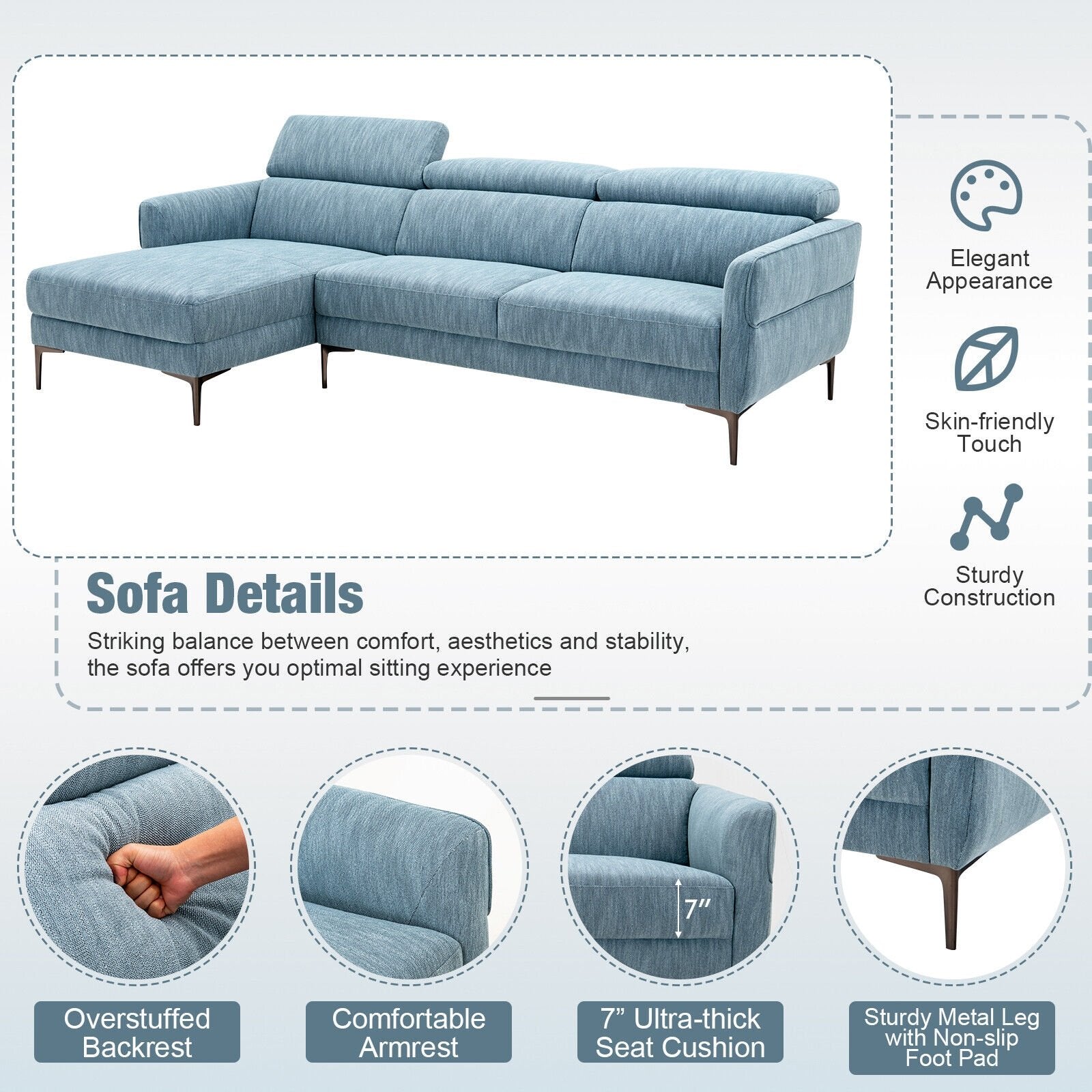 105 Inch L-Shaped Sofa Couch with 3 Adjustable Headrests, Blue Sofas & Loveseats   at Gallery Canada