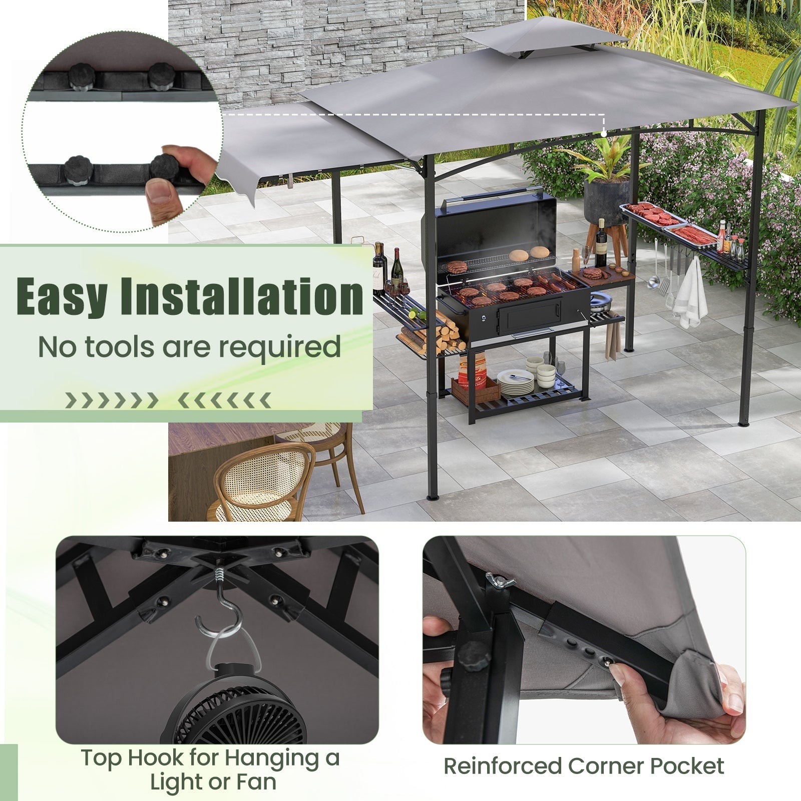 10.5 x 5 FT Grill Gazebo with Side Awning and Double-Tiered Top, Gray Gazebos   at Gallery Canada