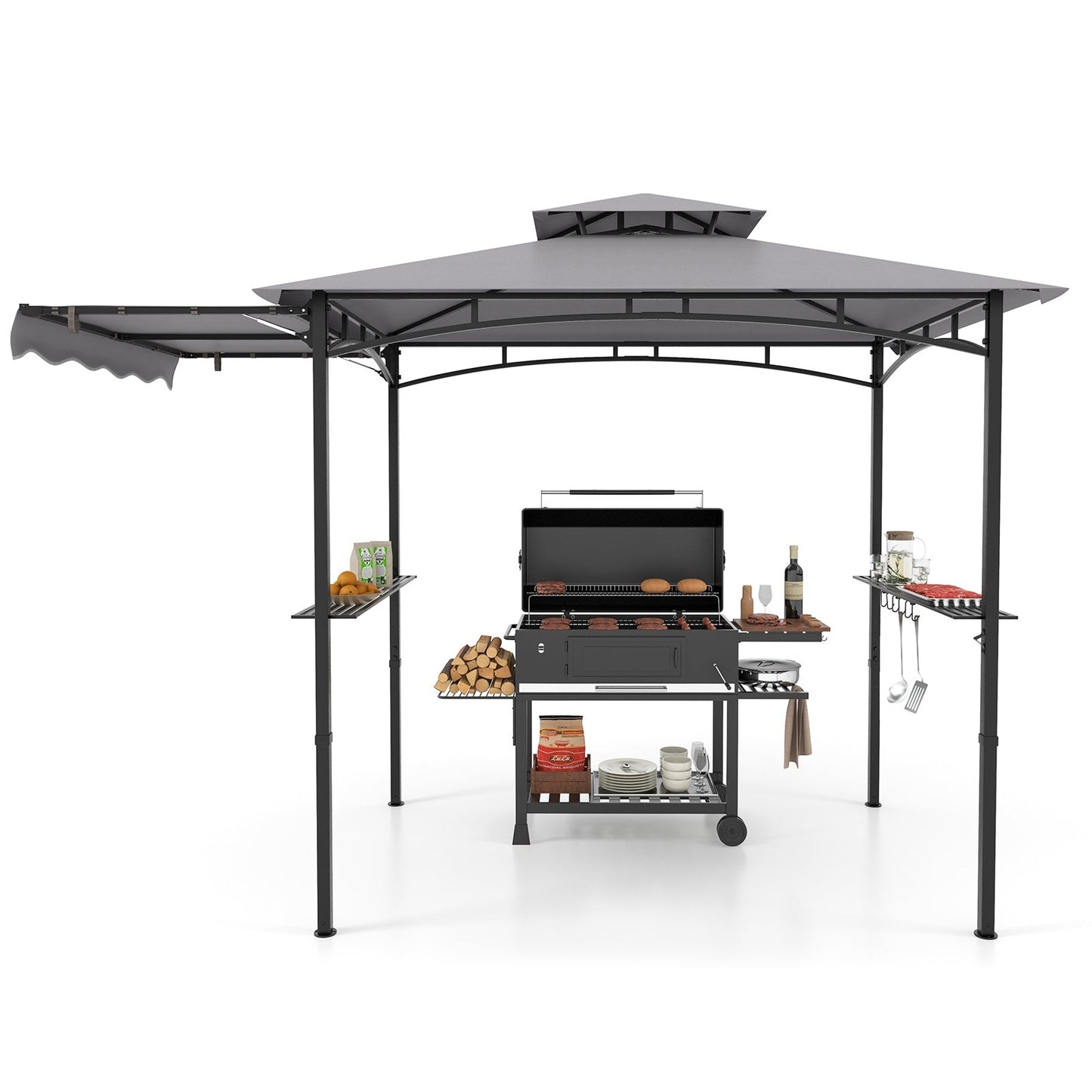 10.5 x 5 FT Grill Gazebo with Side Awning and Double-Tiered Top, Gray Gazebos   at Gallery Canada