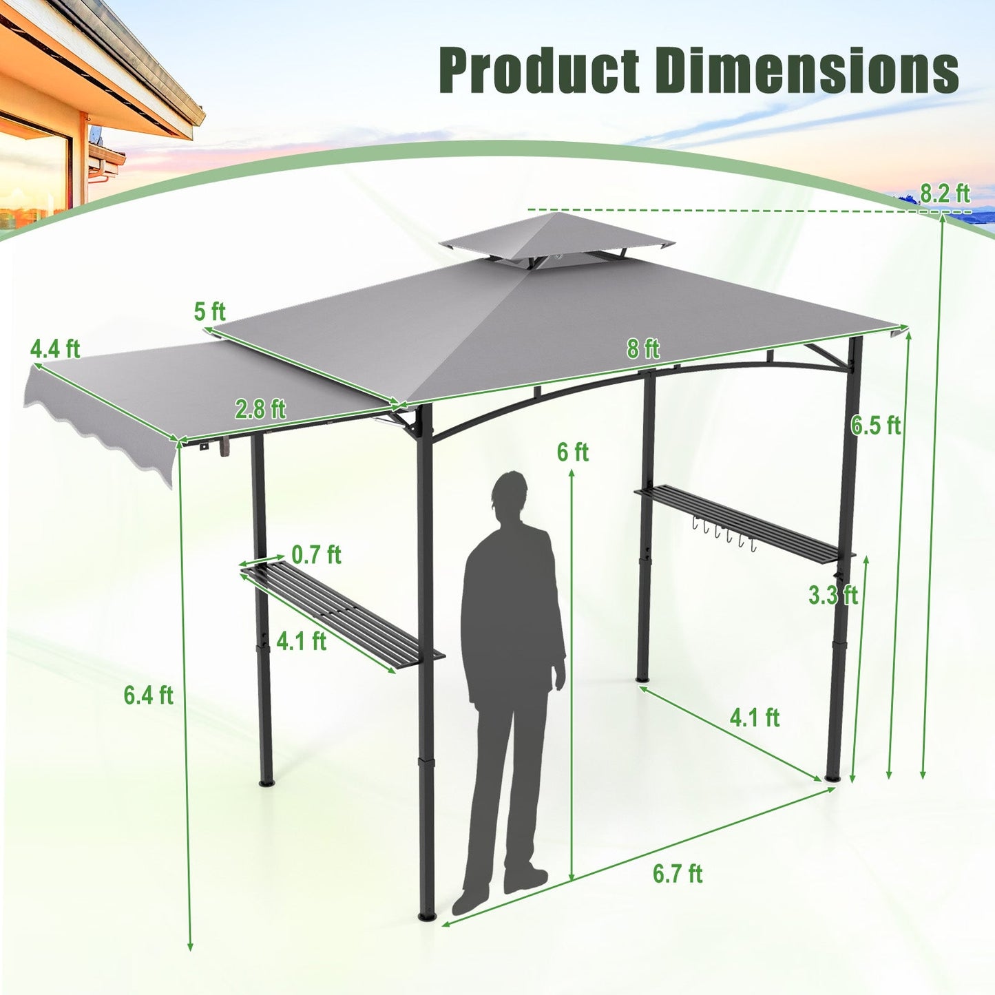 10.5 x 5 FT Grill Gazebo with Side Awning and Double-Tiered Top, Gray Gazebos   at Gallery Canada