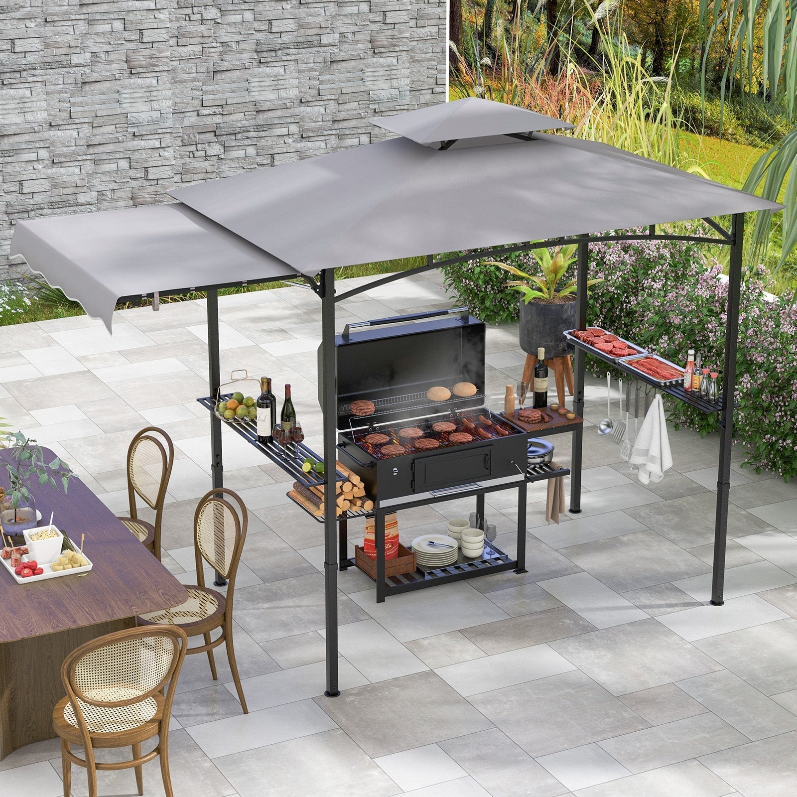 10.5 x 5 FT Grill Gazebo with Side Awning and Double-Tiered Top, Gray Gazebos   at Gallery Canada