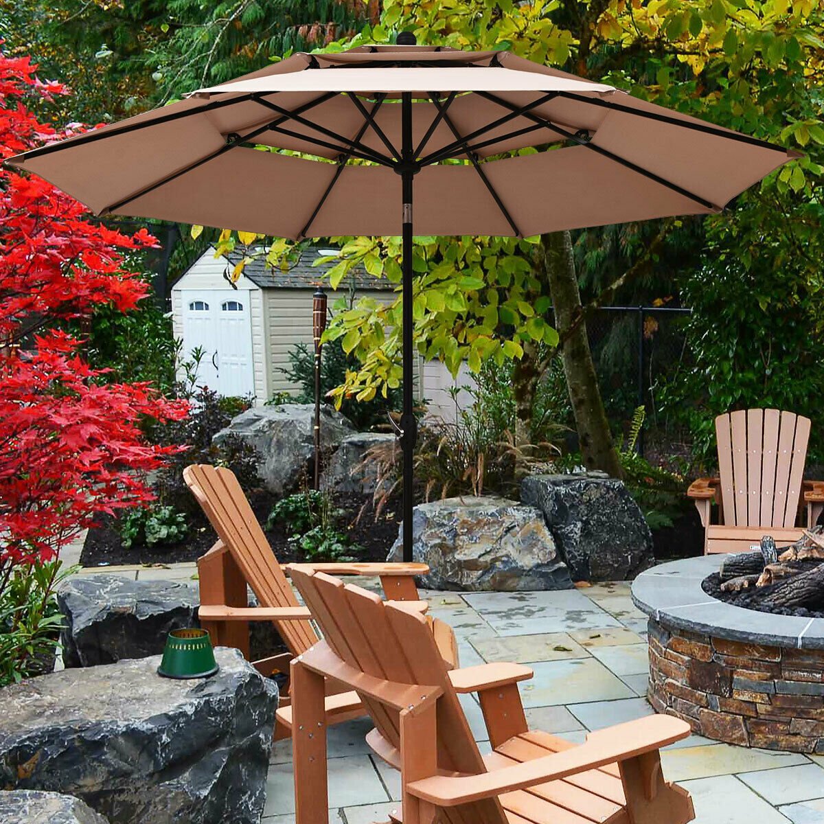 10ft 3 Tier Outdoor Patio Umbrella with Double Vented, Beige Outdoor Umbrellas   at Gallery Canada