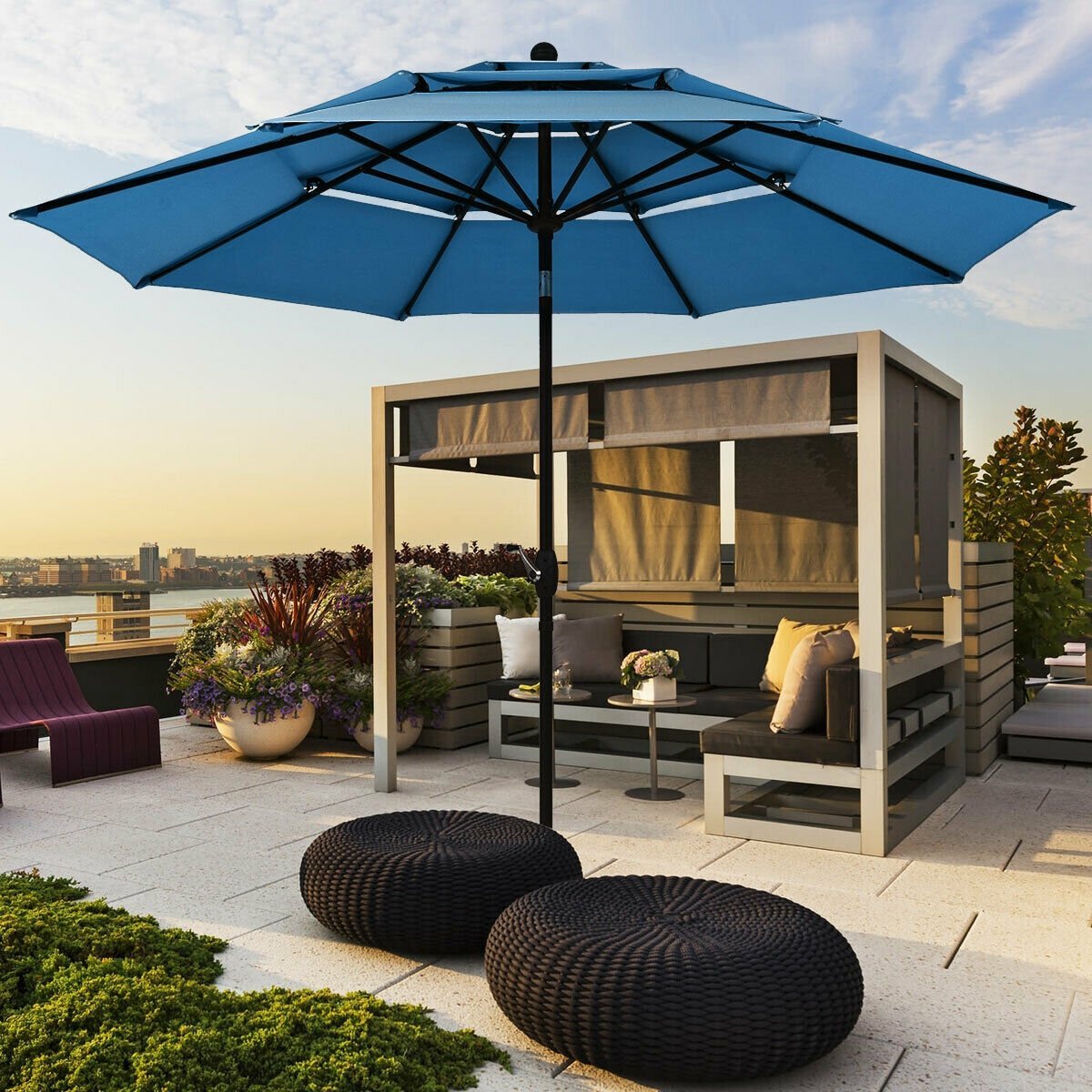 10ft 3 Tier Outdoor Patio Umbrella with Double Vented, Blue Outdoor Umbrellas   at Gallery Canada