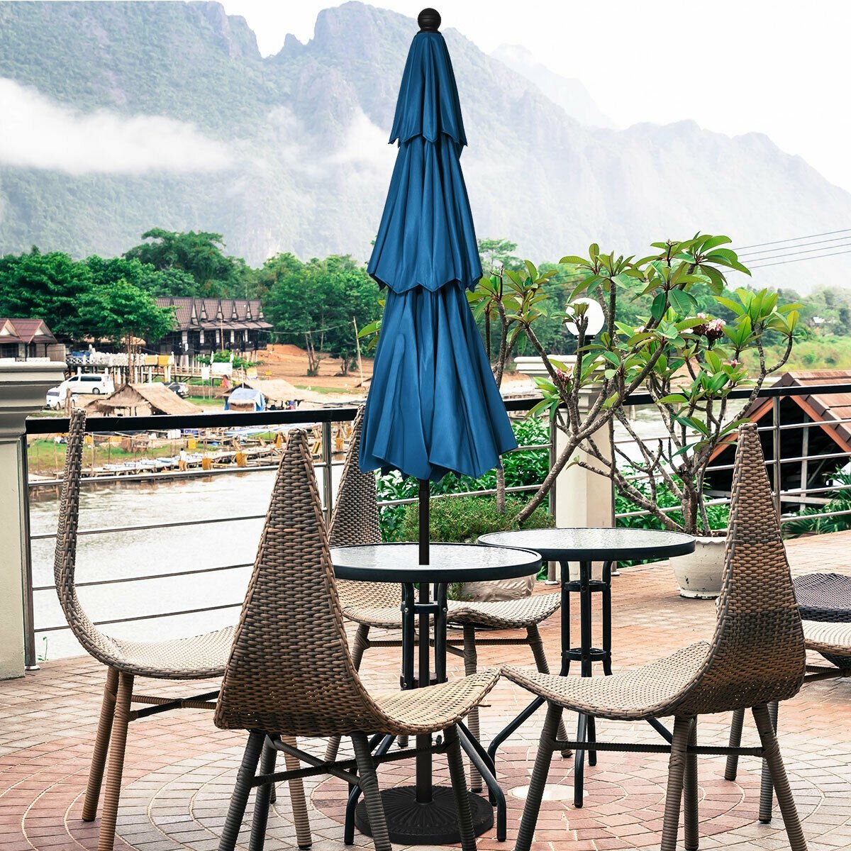 10ft 3 Tier Outdoor Patio Umbrella with Double Vented, Blue Outdoor Umbrellas   at Gallery Canada