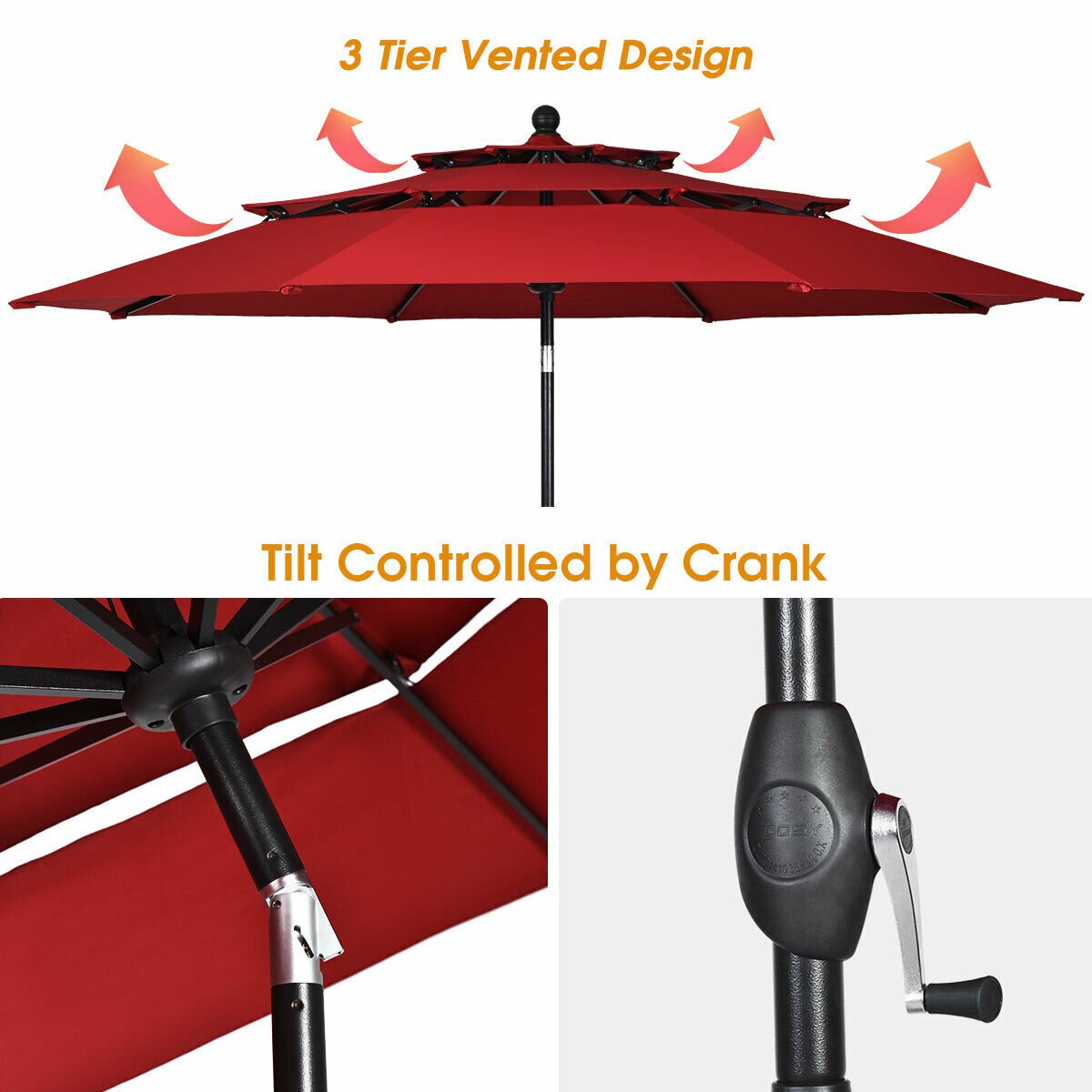 10ft 3 Tier Outdoor Patio Umbrella with Double Vented, Burgundy Outdoor Umbrellas   at Gallery Canada