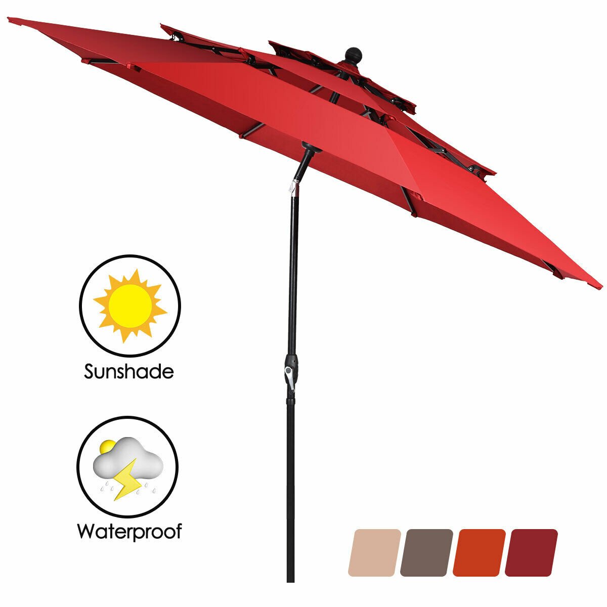 10ft 3 Tier Outdoor Patio Umbrella with Double Vented, Burgundy Outdoor Umbrellas   at Gallery Canada