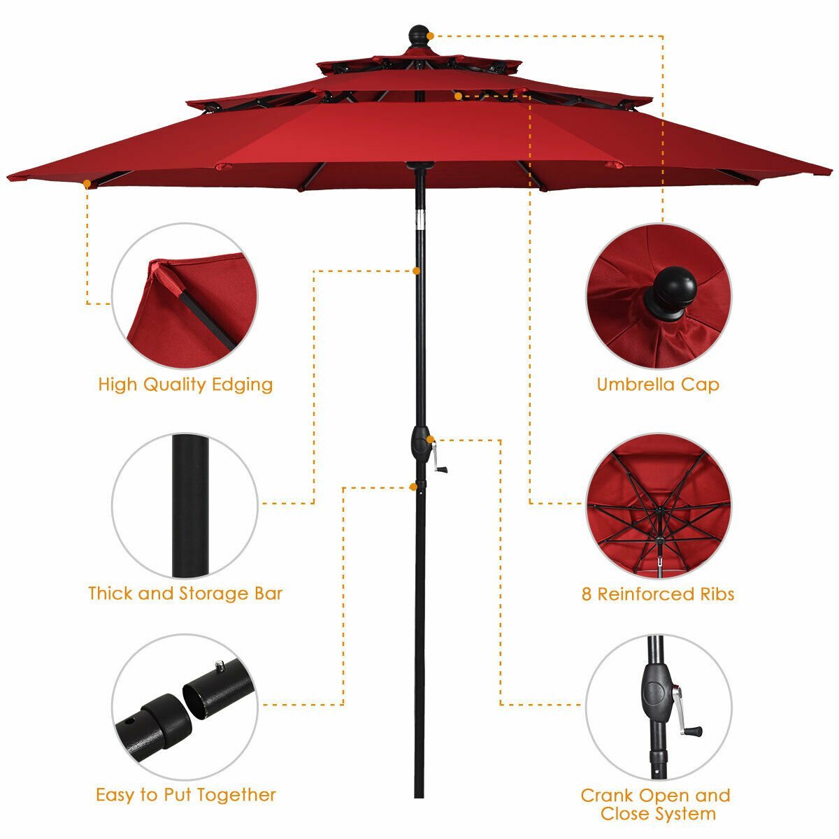 10ft 3 Tier Outdoor Patio Umbrella with Double Vented, Burgundy Outdoor Umbrellas   at Gallery Canada