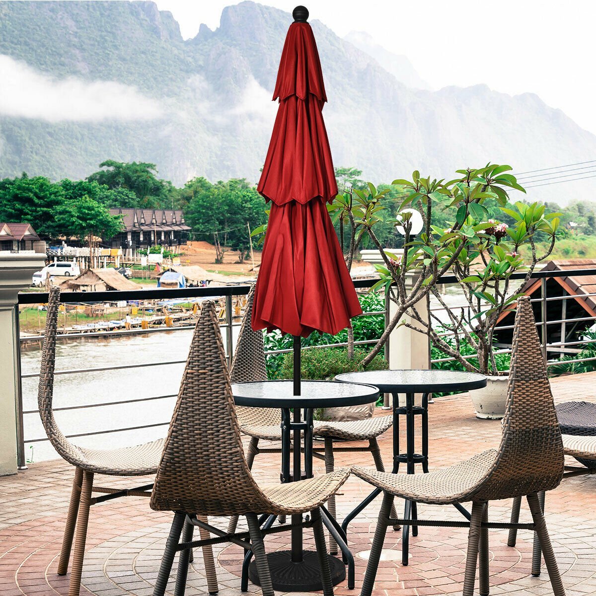 10ft 3 Tier Outdoor Patio Umbrella with Double Vented, Burgundy Outdoor Umbrellas   at Gallery Canada