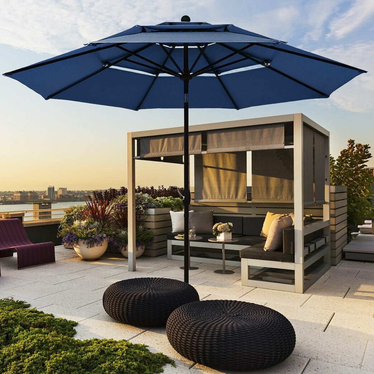 10ft 3 Tier Outdoor Patio Umbrella with Double Vented, Navy Outdoor Umbrellas   at Gallery Canada