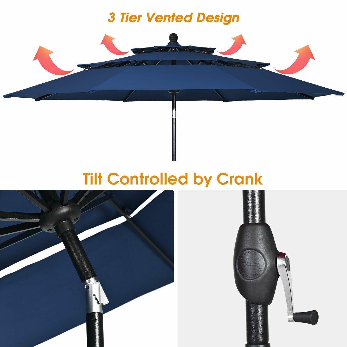 10ft 3 Tier Outdoor Patio Umbrella with Double Vented, Navy Outdoor Umbrellas   at Gallery Canada