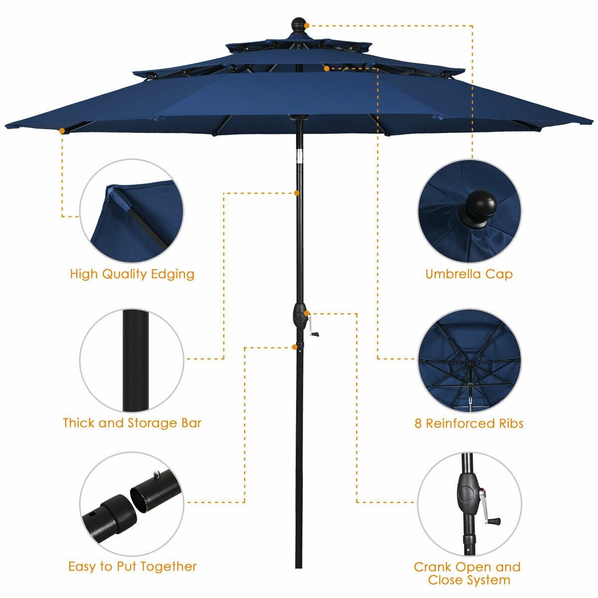 10ft 3 Tier Outdoor Patio Umbrella with Double Vented, Navy Outdoor Umbrellas   at Gallery Canada