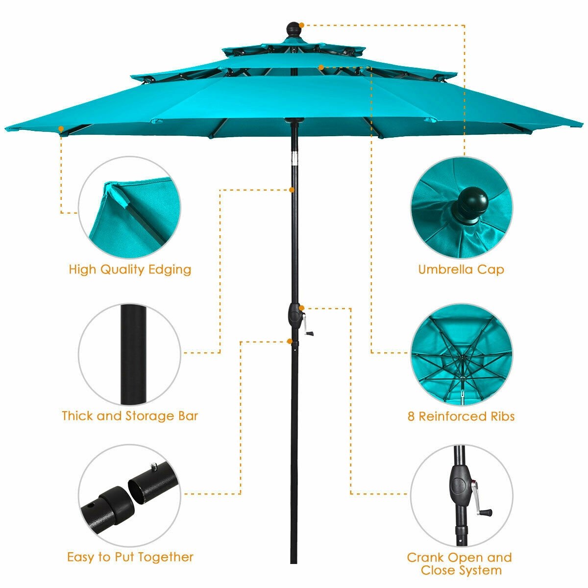 10ft 3 Tier Outdoor Patio Umbrella with Double Vented, Turquoise Outdoor Umbrellas   at Gallery Canada