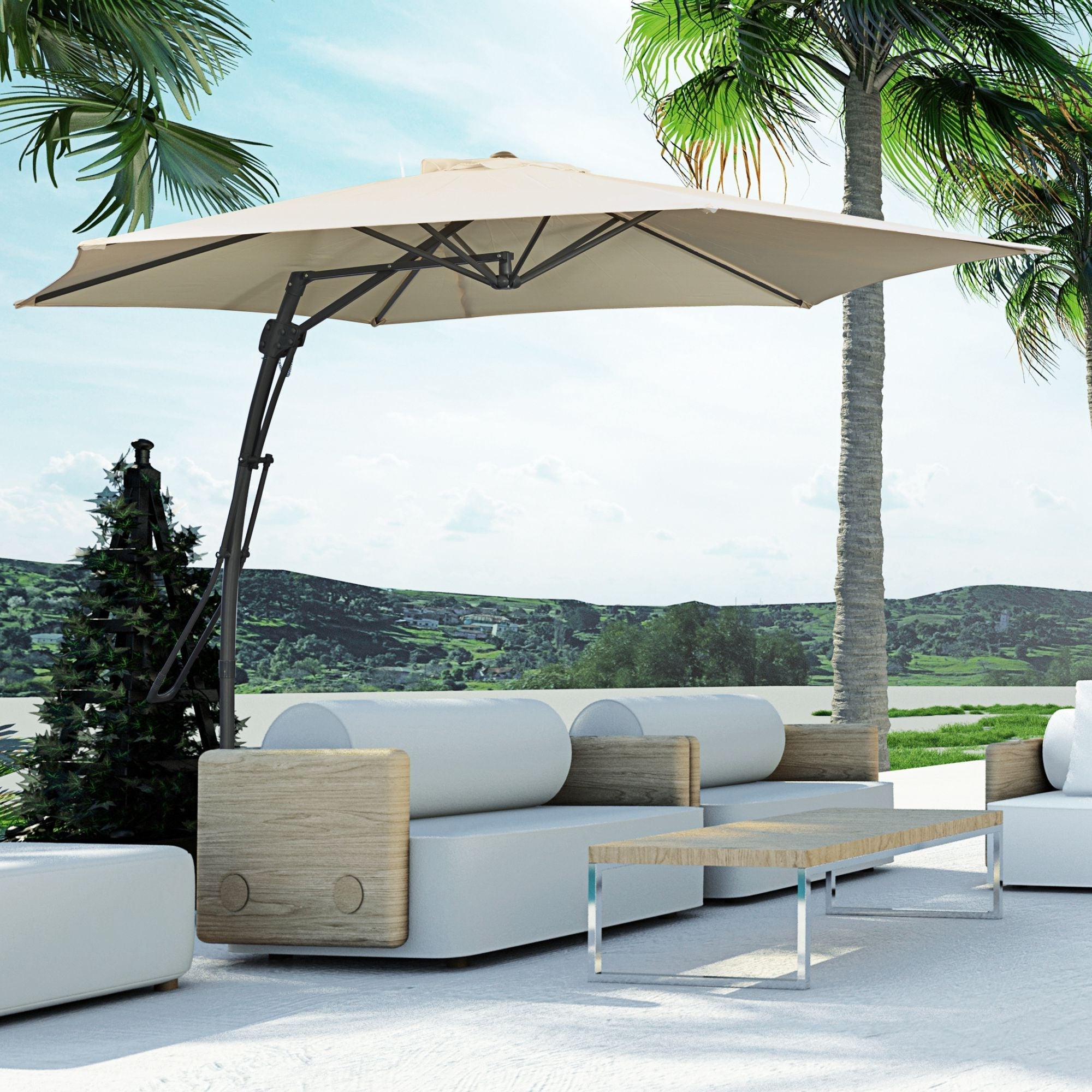 10ft Cantilever Patio Umbrella Offset Parasol with Crank Handle, Cross Base for Garden, Deck, Cream White Sun Umbrellas   at Gallery Canada