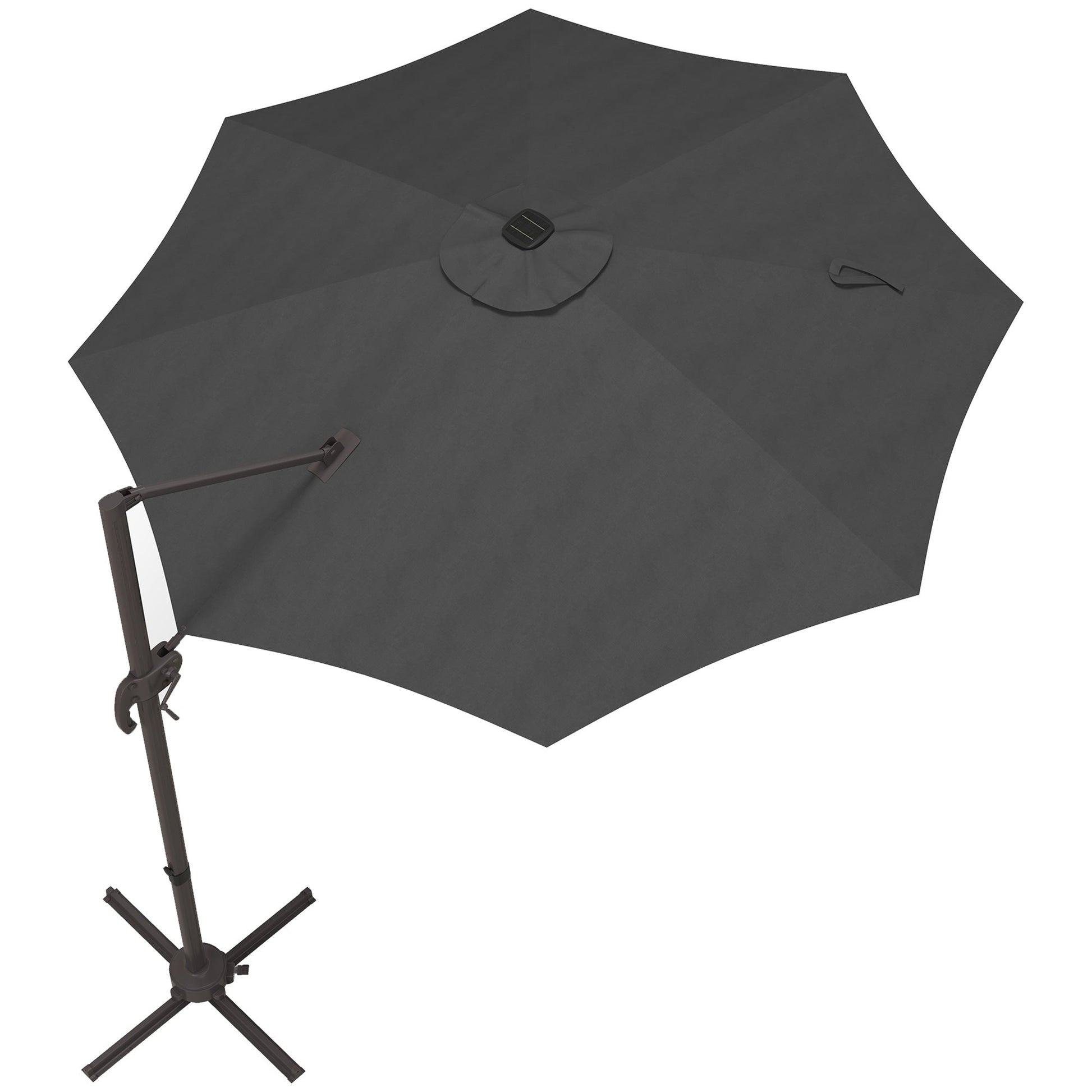 10ft Cantilever Patio Umbrella Offset Parasol with Lights, Cross Base, 360° Rotating for Deck, Beach, Market, Dark Grey Cantilever Umbrellas   at Gallery Canada