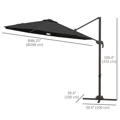 10ft Cantilever Patio Umbrella Offset Parasol with Lights, Cross Base, 360° Rotating for Deck, Beach, Market, Dark Grey Cantilever Umbrellas   at Gallery Canada