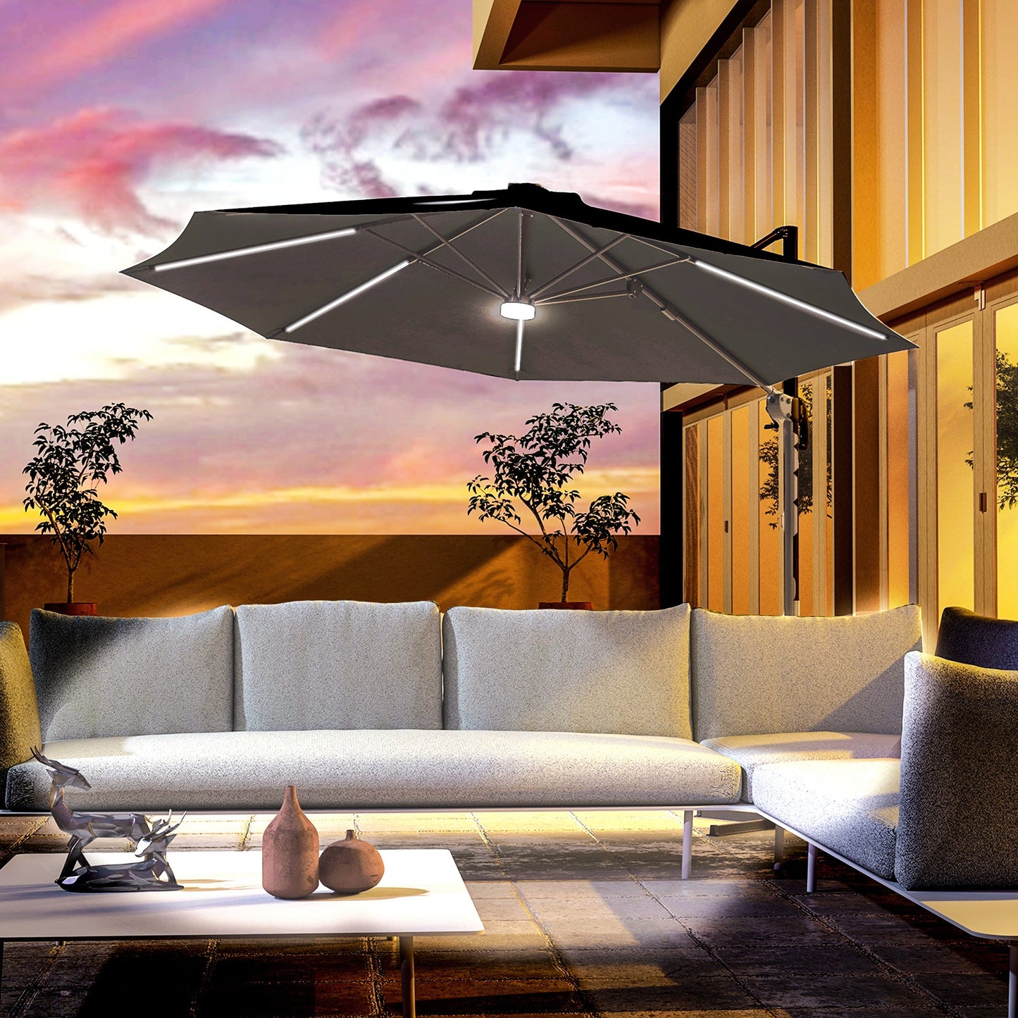 10ft Cantilever Patio Umbrella Offset Parasol with Lights, Cross Base, 360° Rotating for Deck, Beach, Market, Dark Grey Cantilever Umbrellas   at Gallery Canada