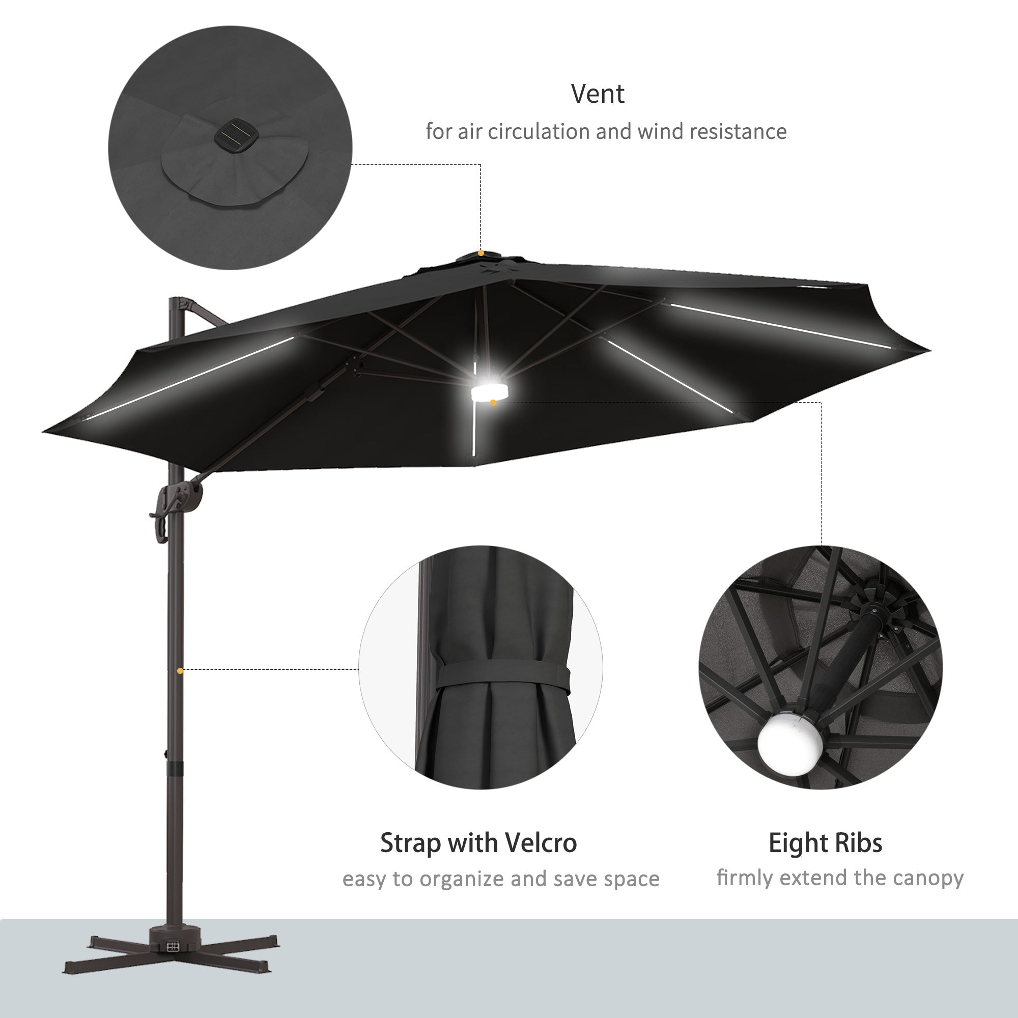 10ft Cantilever Patio Umbrella Offset Parasol with Lights, Cross Base, 360° Rotating for Deck, Beach, Market, Dark Grey Cantilever Umbrellas   at Gallery Canada