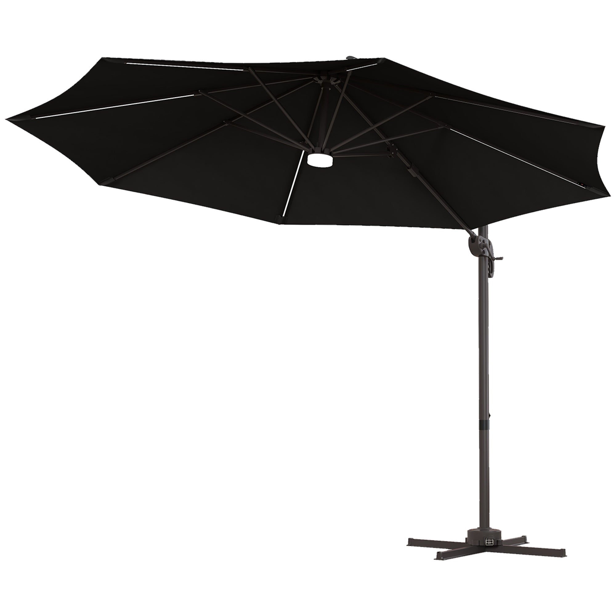 10ft Cantilever Patio Umbrella Offset Parasol with Lights, Cross Base, 360° Rotating for Deck, Beach, Market, Dark Grey Cantilever Umbrellas Dark Grey  at Gallery Canada