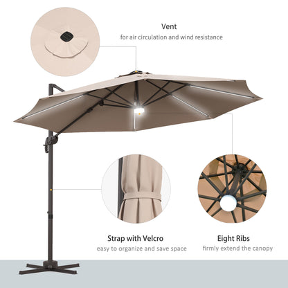 10ft Cantilever Patio Umbrella Offset Parasol with Lights, Cross Base, 360° Rotating for Deck, Beach, Market, Khaki Cantilever Umbrellas   at Gallery Canada