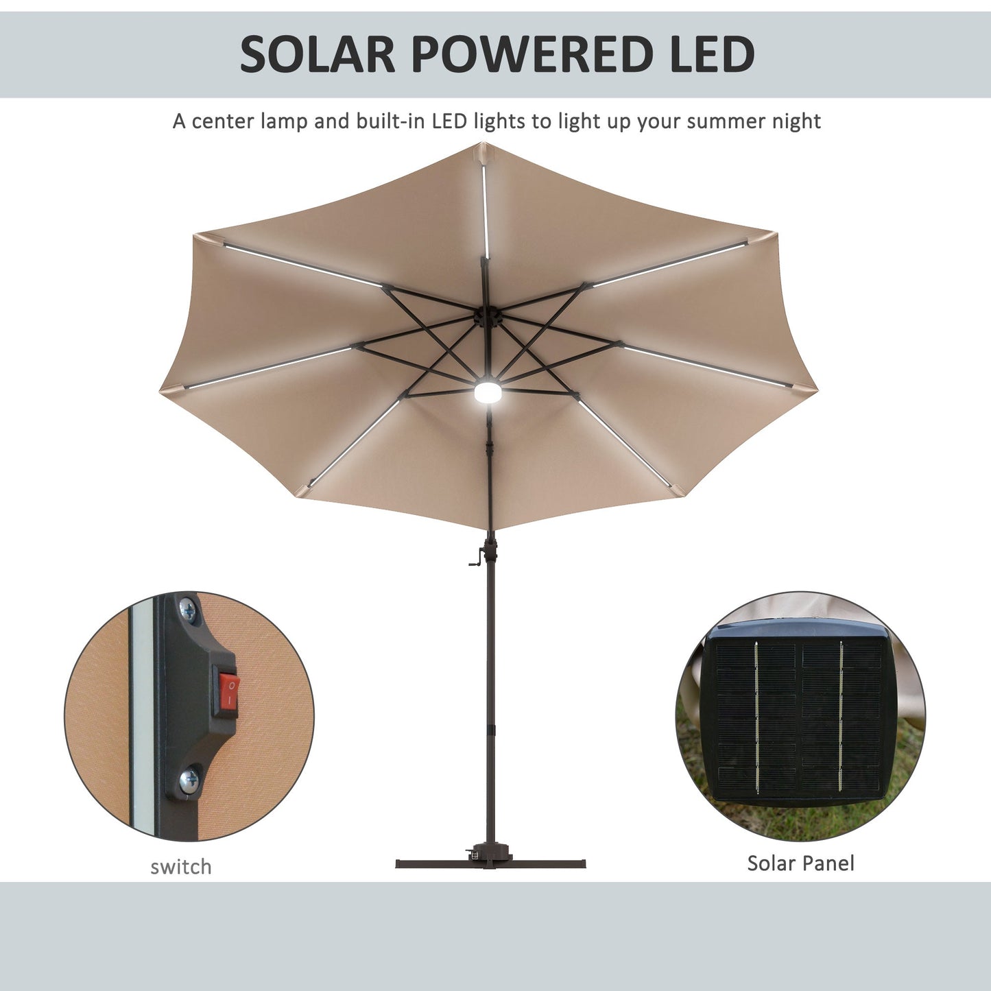 10ft Cantilever Patio Umbrella Offset Parasol with Lights, Cross Base, 360° Rotating for Deck, Beach, Market, Khaki Cantilever Umbrellas   at Gallery Canada