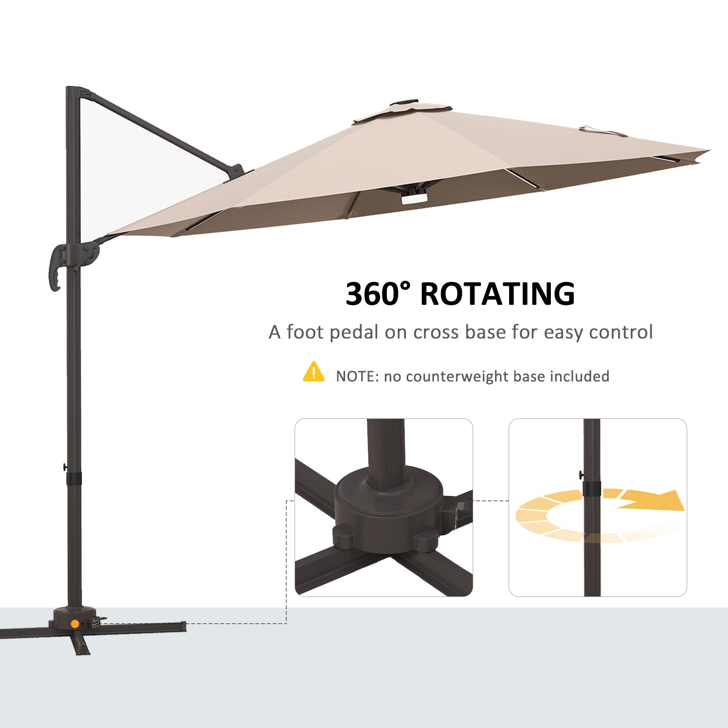 10ft Cantilever Patio Umbrella Offset Parasol with Lights, Cross Base, 360° Rotating for Deck, Beach, Market, Khaki Cantilever Umbrellas   at Gallery Canada