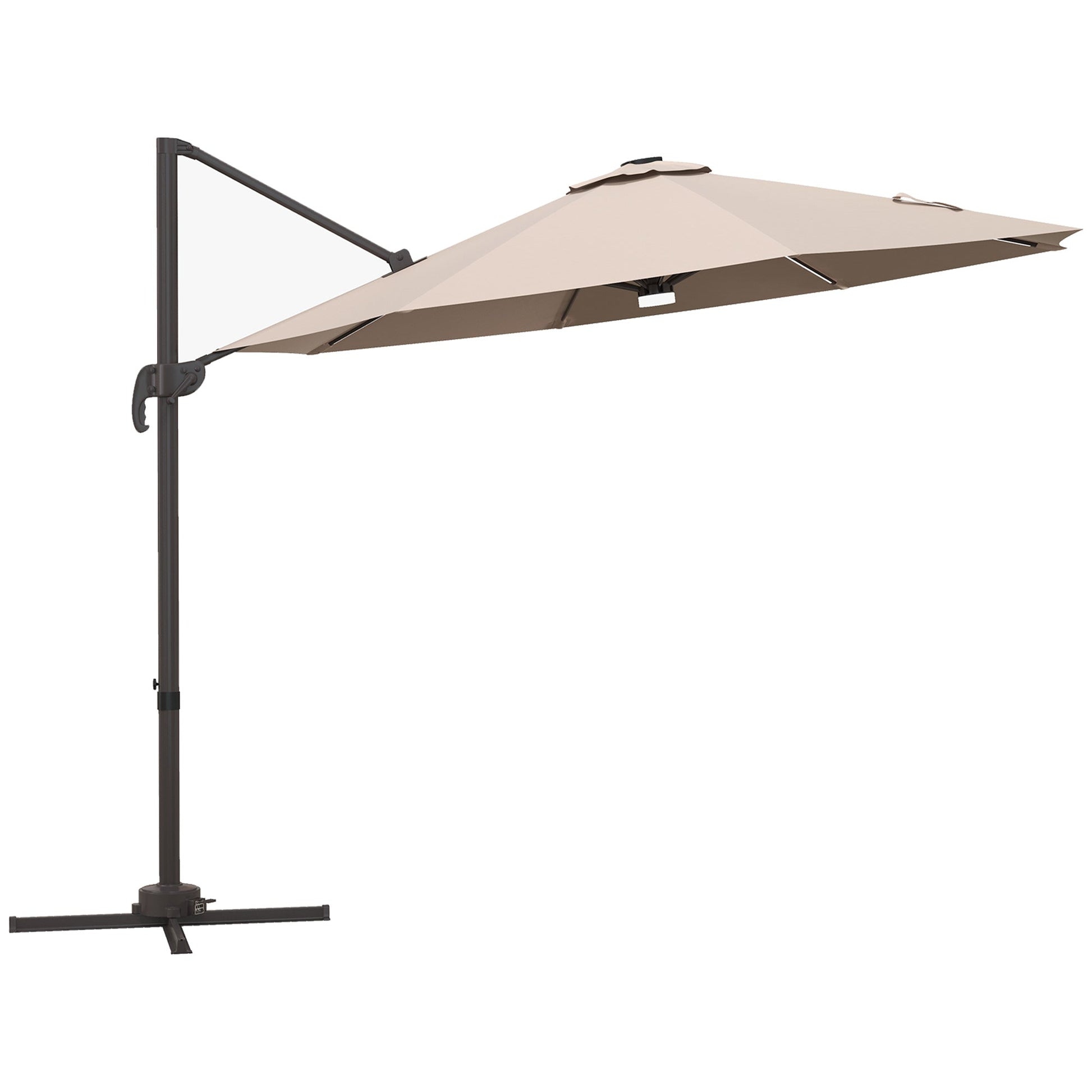 10ft Cantilever Patio Umbrella Offset Parasol with Lights, Cross Base, 360° Rotating for Deck, Beach, Market, Khaki Cantilever Umbrellas   at Gallery Canada