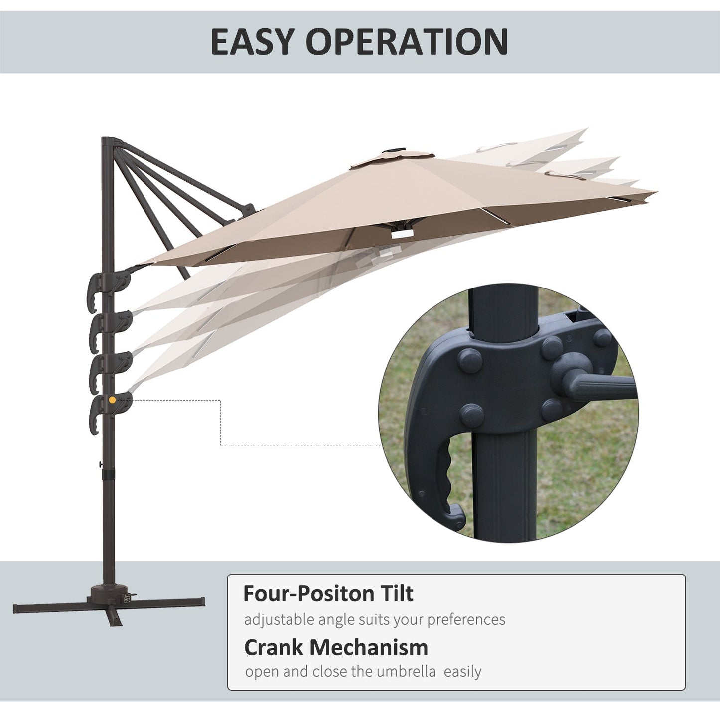 10ft Cantilever Patio Umbrella Offset Parasol with Lights, Cross Base, 360° Rotating for Deck, Beach, Market, Khaki Cantilever Umbrellas   at Gallery Canada