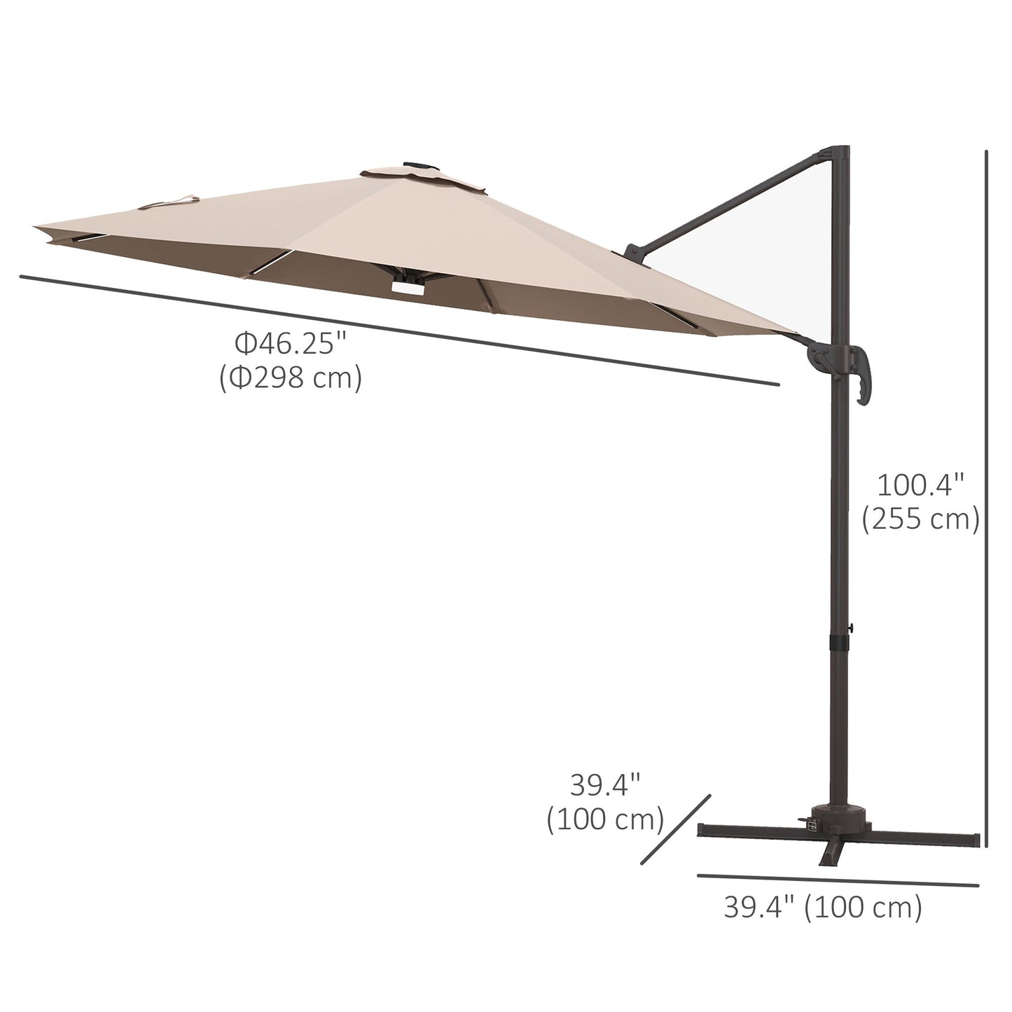 10ft Cantilever Patio Umbrella Offset Parasol with Lights, Cross Base, 360° Rotating for Deck, Beach, Market, Khaki Cantilever Umbrellas   at Gallery Canada