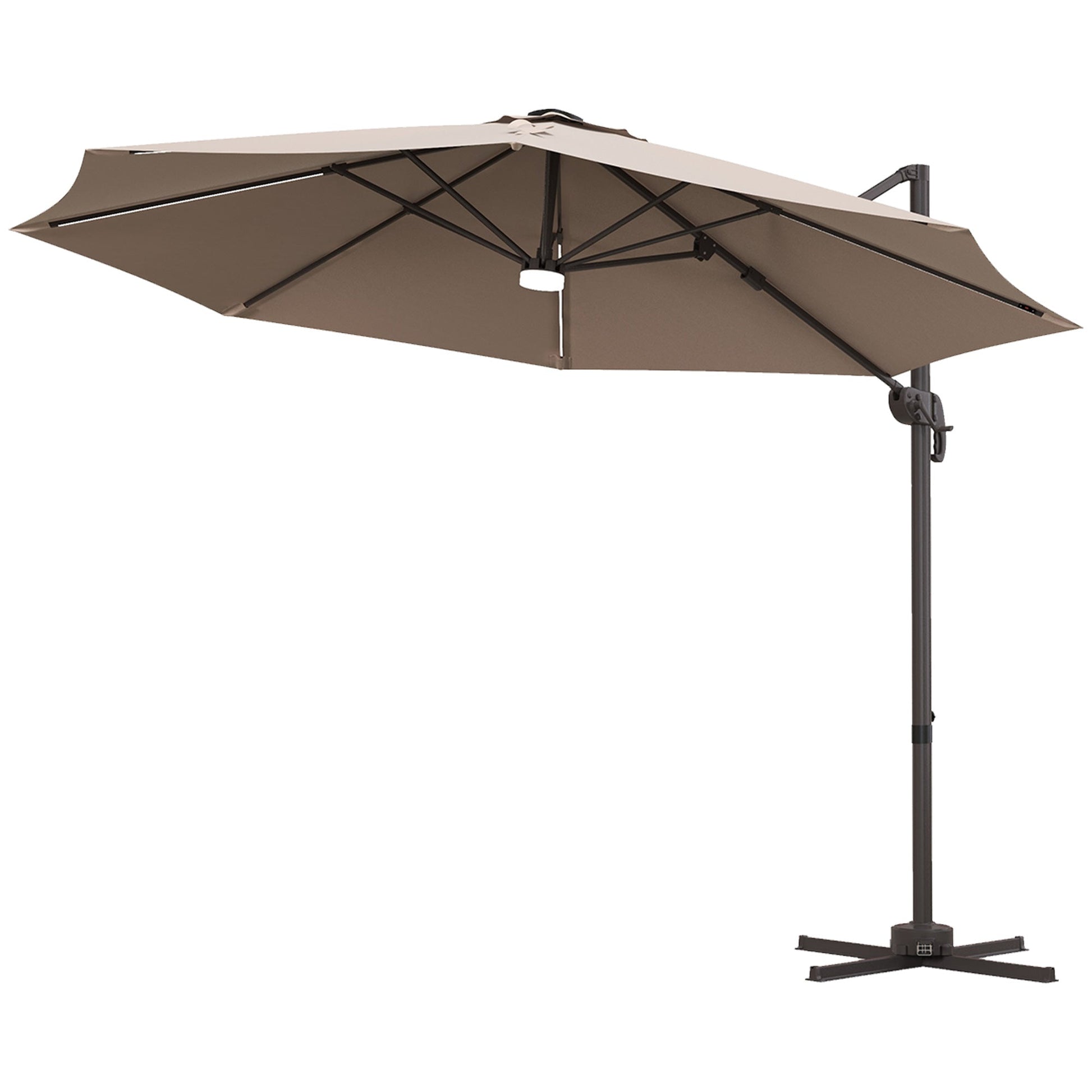 10ft Cantilever Patio Umbrella Offset Parasol with Lights, Cross Base, 360° Rotating for Deck, Beach, Market, Khaki Cantilever Umbrellas Khaki  at Gallery Canada