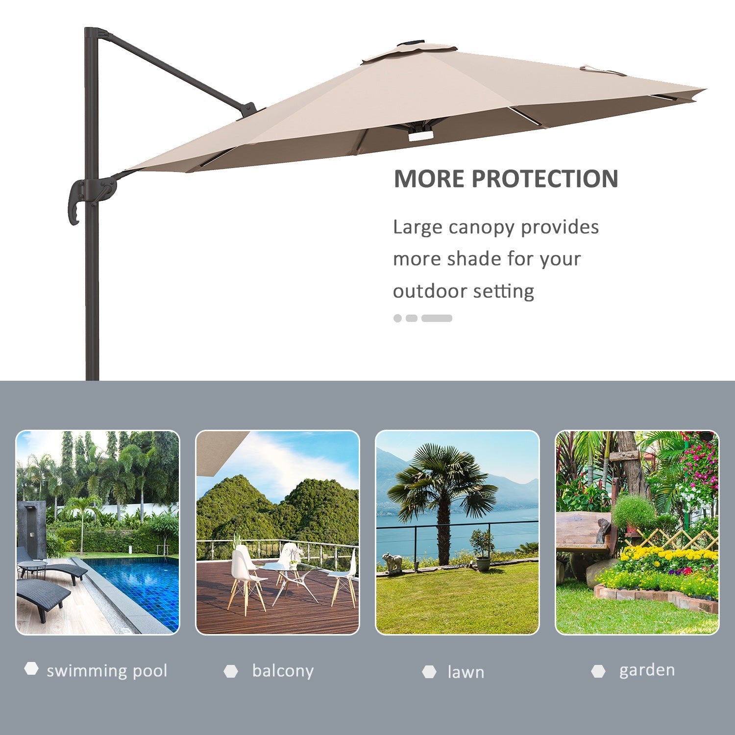 10ft Cantilever Patio Umbrella Offset Parasol with Lights, Cross Base, 360° Rotating for Deck, Beach, Market, Khaki Cantilever Umbrellas   at Gallery Canada