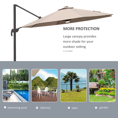 10ft Cantilever Patio Umbrella Offset Parasol with Lights, Cross Base, 360° Rotating for Deck, Beach, Market, Khaki Cantilever Umbrellas   at Gallery Canada