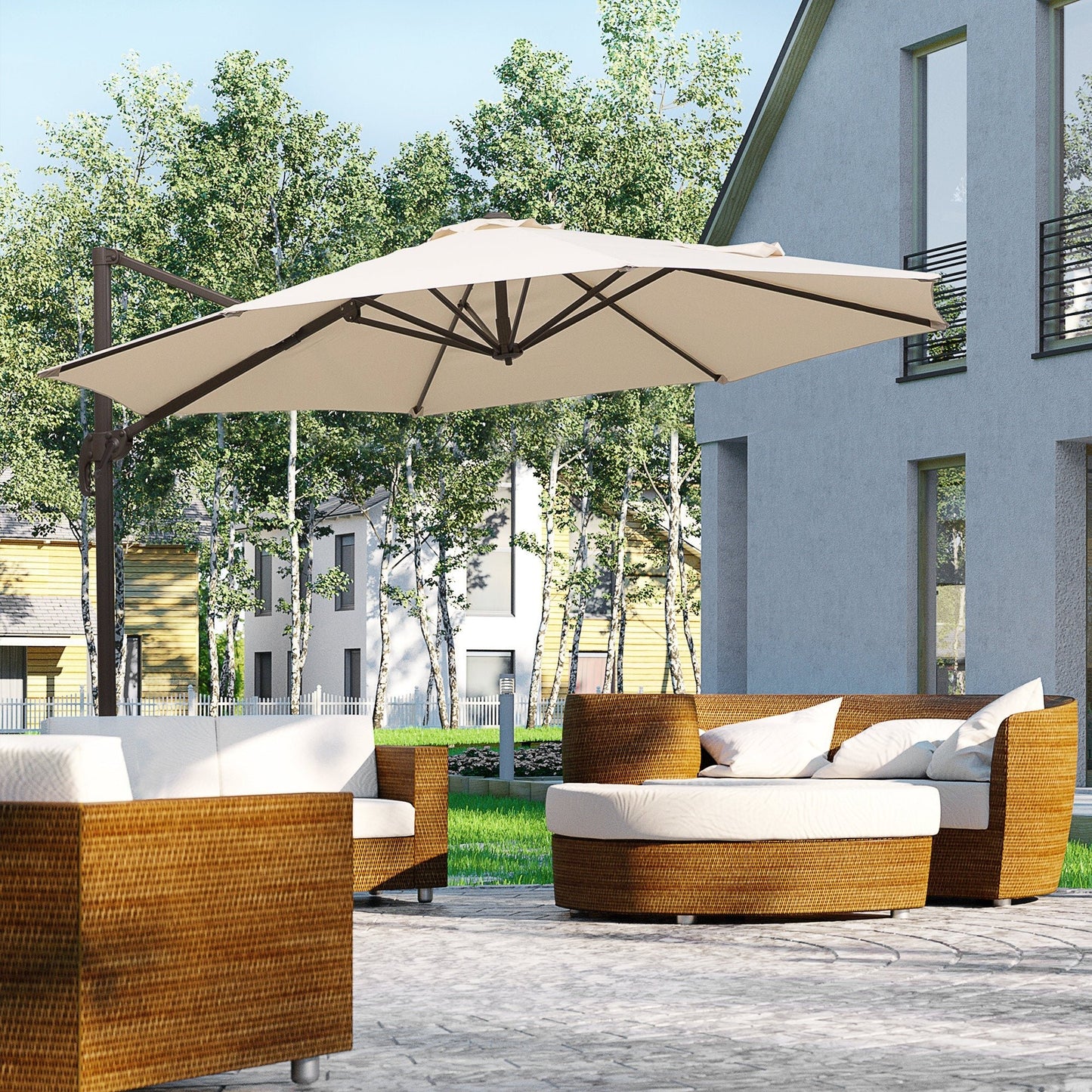 10ft Cantilever Patio Umbrella, 360° Rotation, 4-Position Tilt, Crank, Cross Base, Cream Cantilever Umbrellas   at Gallery Canada