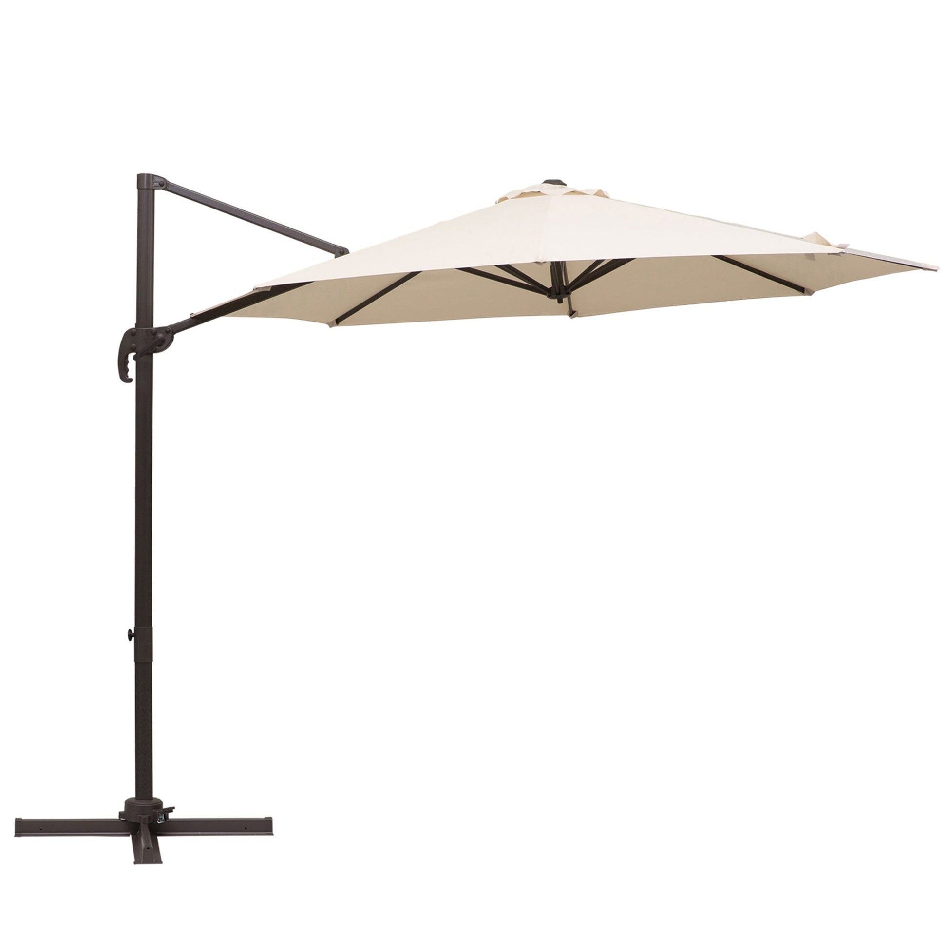 10ft Cantilever Patio Umbrella, 360° Rotation, 4-Position Tilt, Crank, Cross Base, Cream Cantilever Umbrellas Cream and Brown  at Gallery Canada