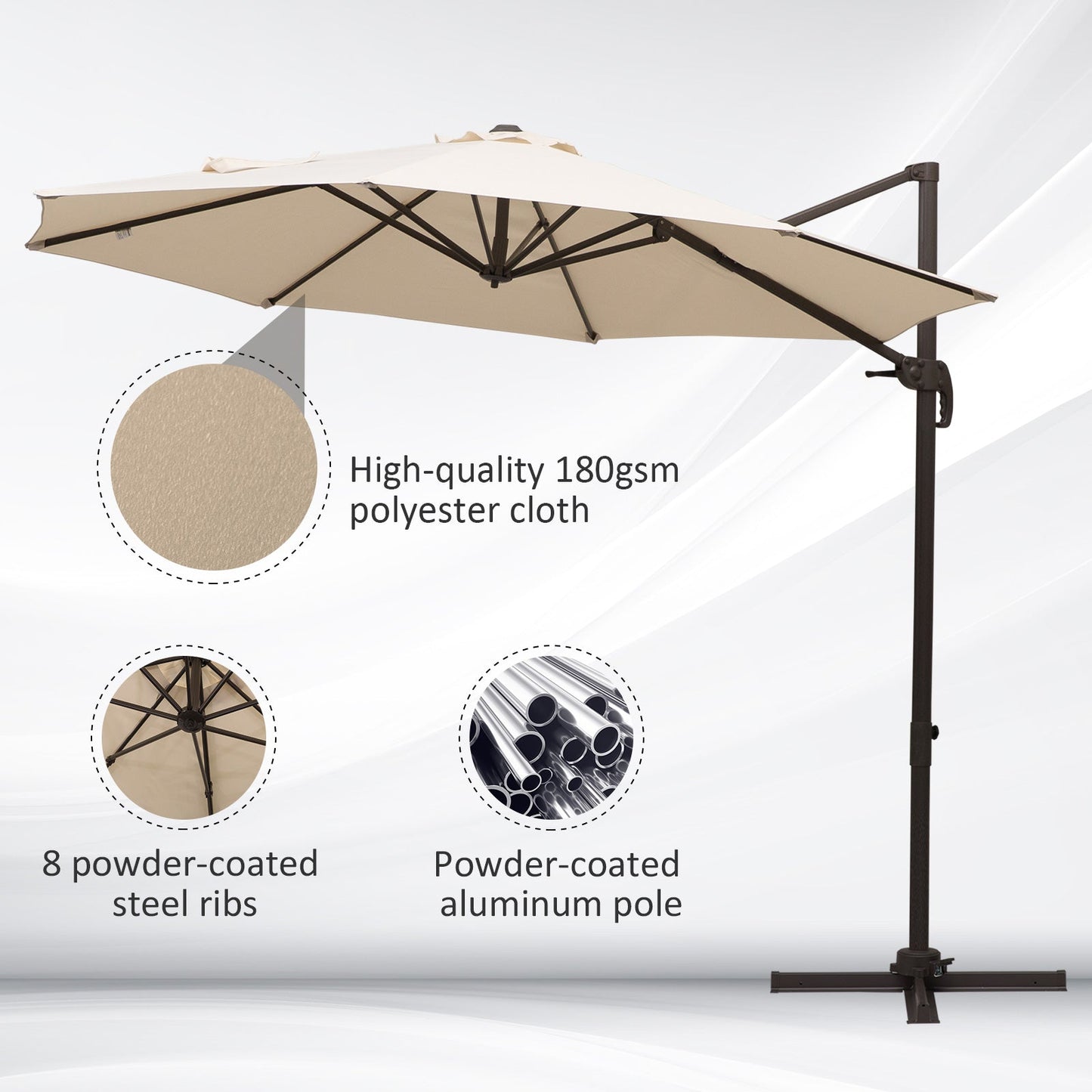 10ft Cantilever Patio Umbrella, 360° Rotation, 4-Position Tilt, Crank, Cross Base, Cream Cantilever Umbrellas   at Gallery Canada