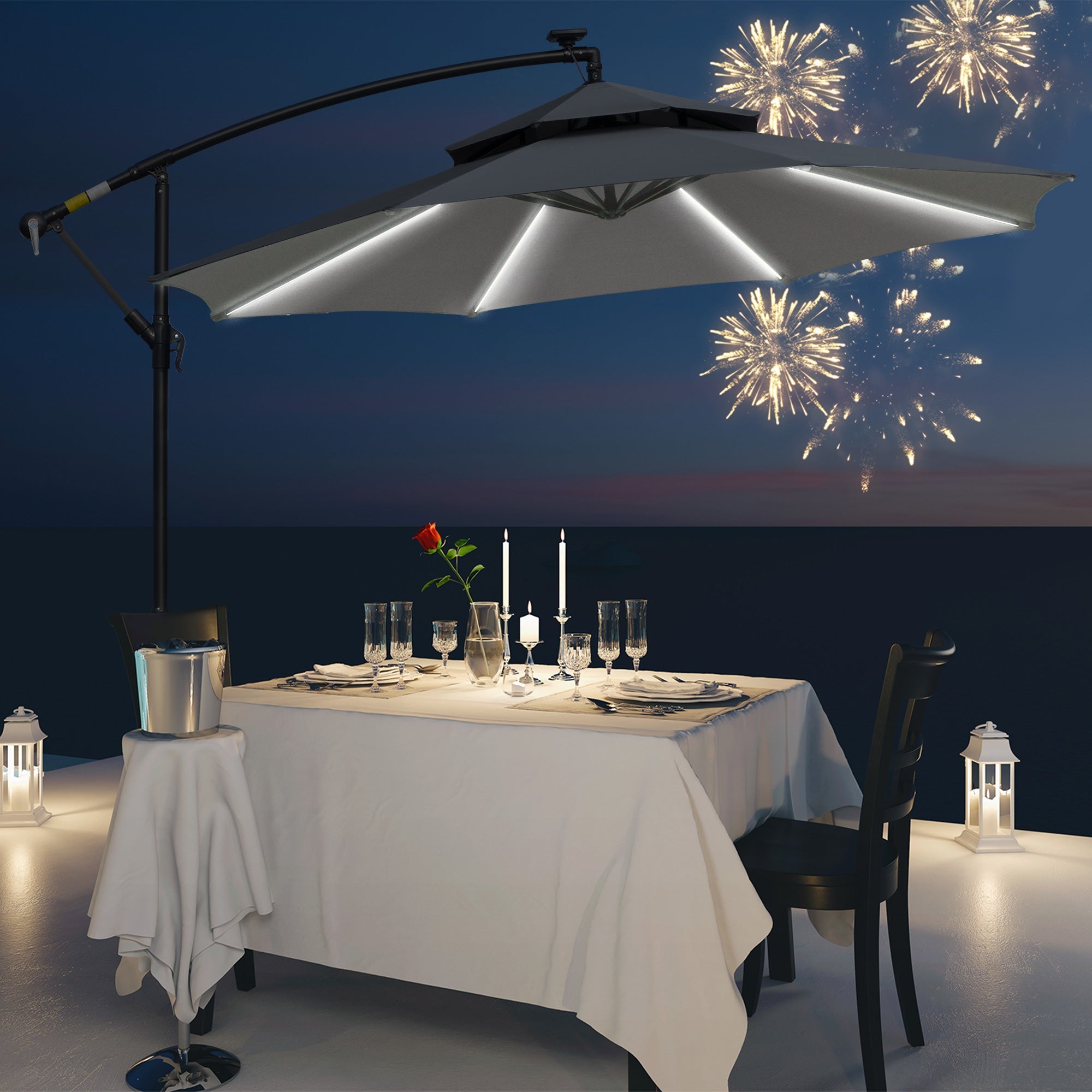 10FT Cantilever Patio Umbrella with Lights Solar Powered Offset Umbrella with Crank and Cross Base for Deck Grey Cantilever Umbrellas Multi Colour  at Gallery Canada