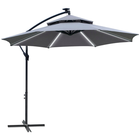 10FT Cantilever Patio Umbrella with Lights Solar Powered Offset Umbrella with Crank and Cross Base for Deck Grey Cantilever Umbrellas   at Gallery Canada