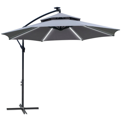 10FT Cantilever Patio Umbrella with Lights Solar Powered Offset Umbrella with Crank and Cross Base for Deck Grey